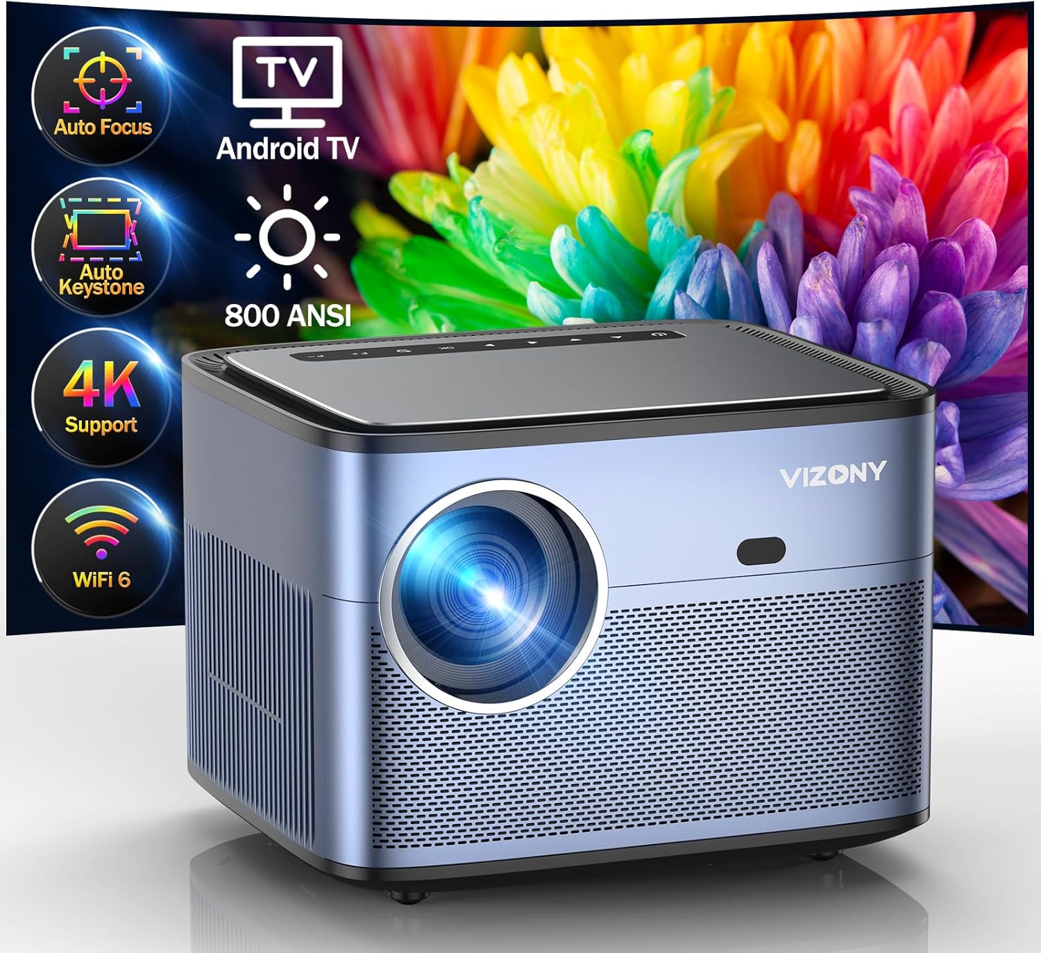 Auto FocusKeystone Proyector de TV Android 4K con Netflix integrado, VIZONY 800ANSI 5G WiFi Bluetooth proyector para exteriores, proyector de