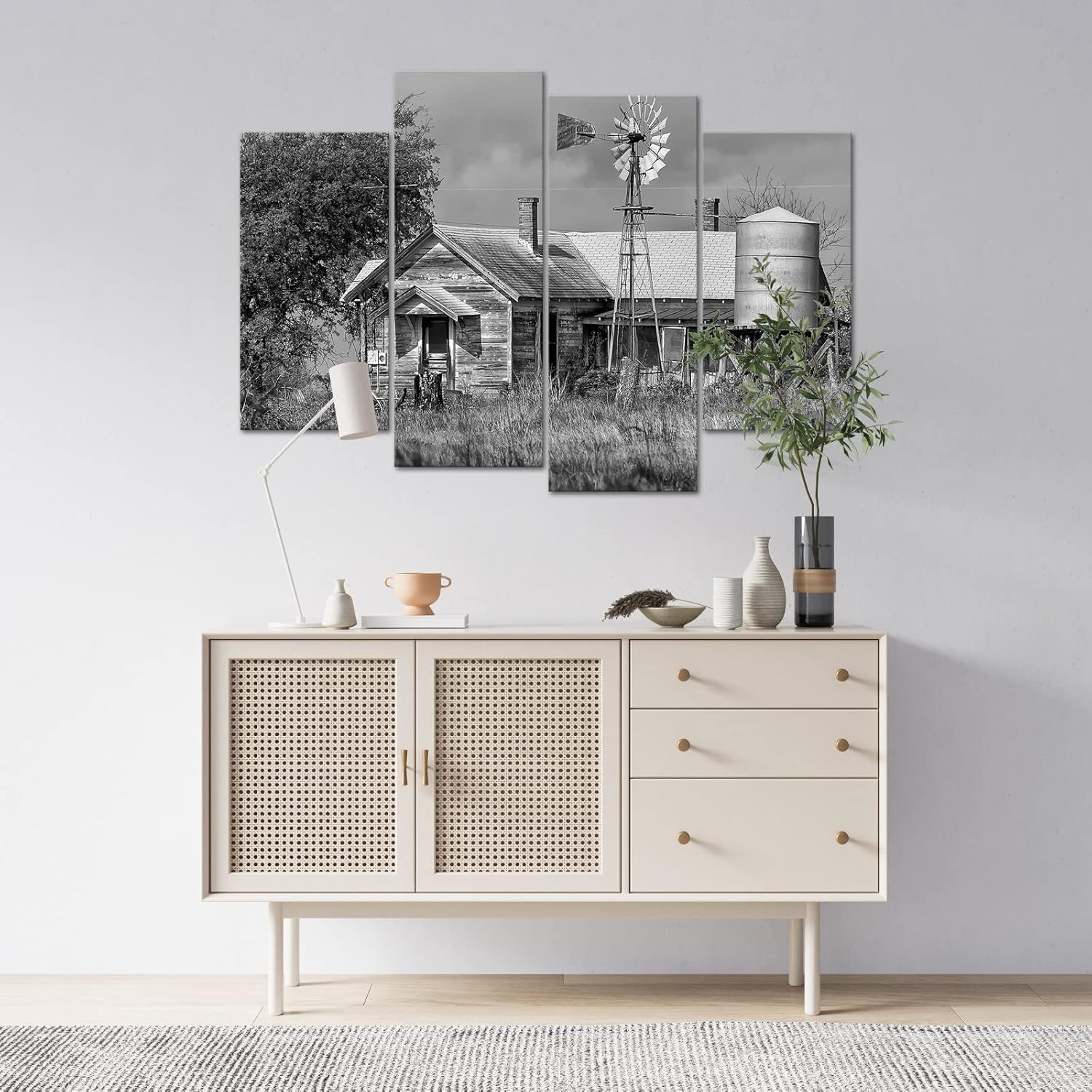 Nachic Wall Lienzo de 4 piezas en blanco y negro de Texas, pintura de granja, campo, granero, molino de viento, paisaje, póster para el hogar, sala