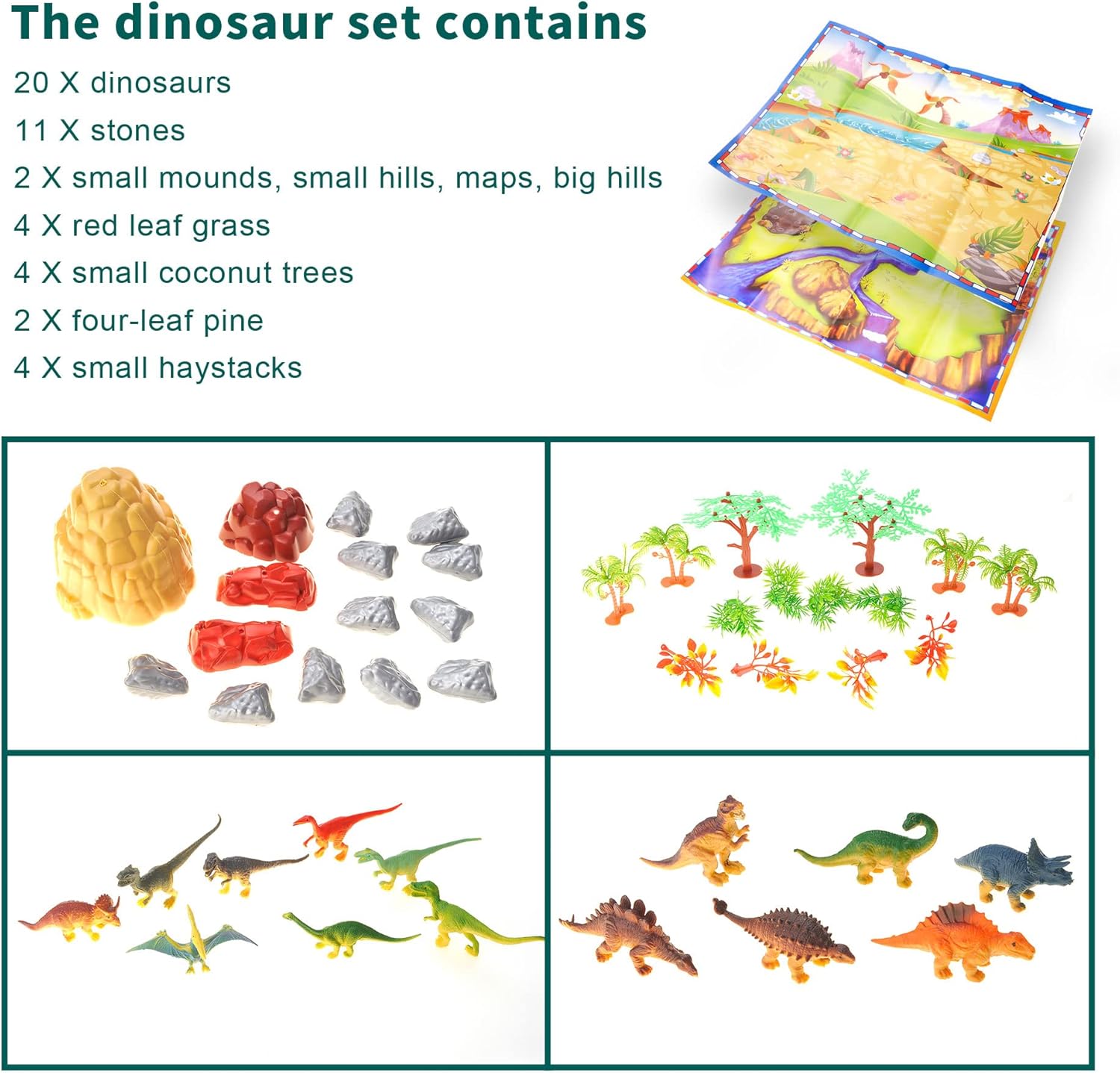 PowerTRC Juego de figuras de dinosaurio con árboles, rocas, tapete de juego y contenedor para niños y niñas  Crea un parque de dinosaurios con un