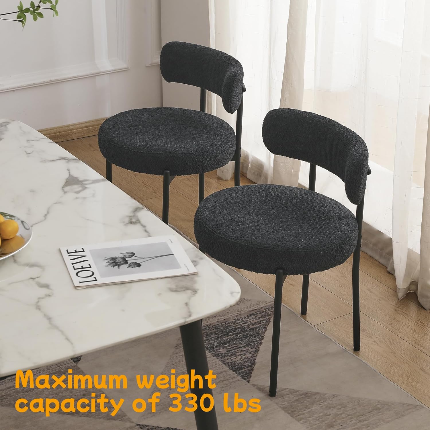 EDWELL Sillas de comedor, juego de 2 sillas de comedor negras, sillas de cocina modernas de mediados de siglo con patas de metal, sillas redondas