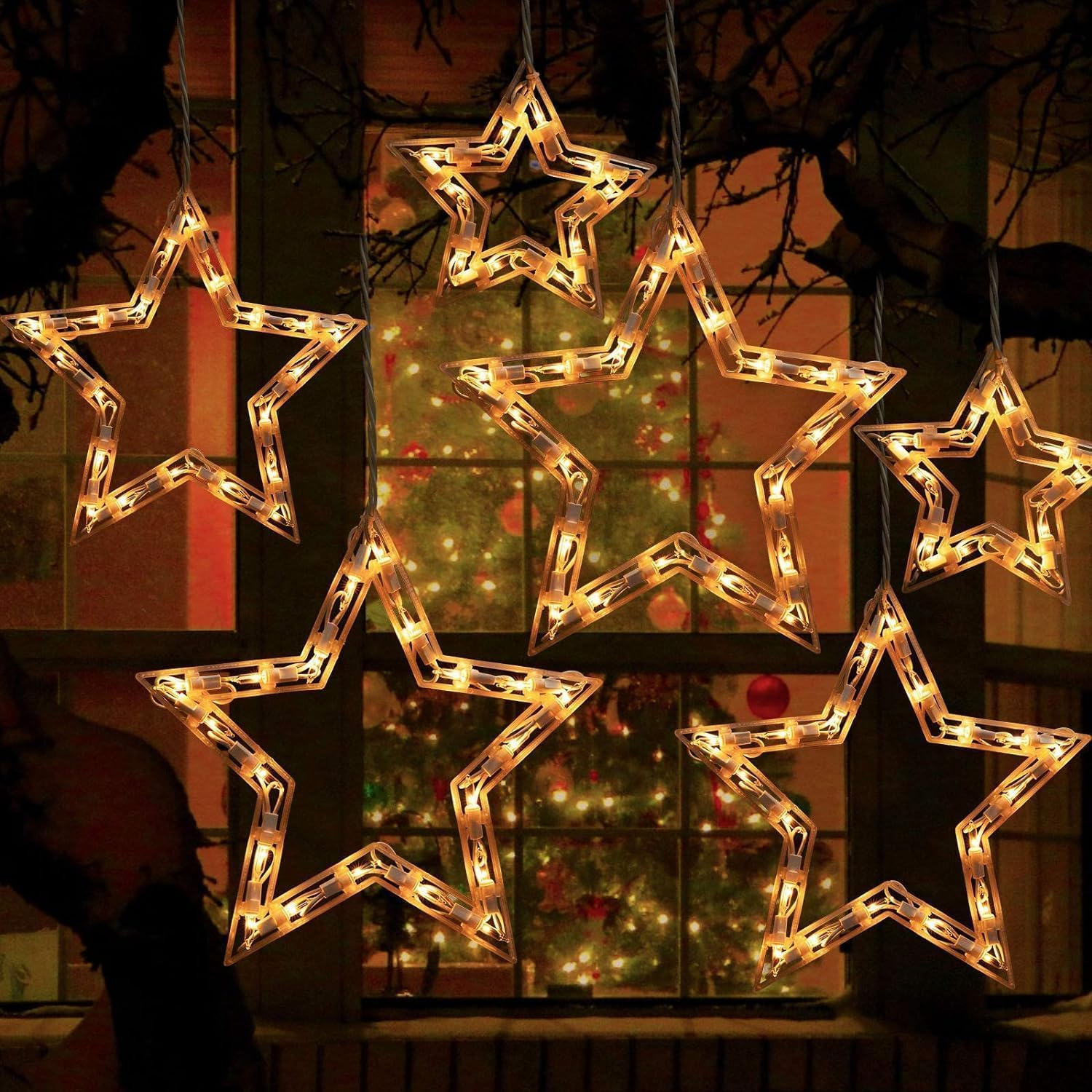Luces de ventana de estrella de Navidad con 9 gotas, tira de luces de carámbano de estrella de 13 pies con 150 mini bombillas, luces colgantes de