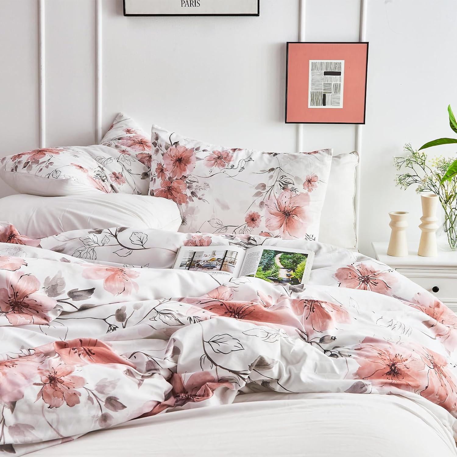 DESIHOM Juego de edredón de 3 piezas con estampado floral rosa y 2 fundas de almohada, de microfibra con estampado floral, reversible, transpirable