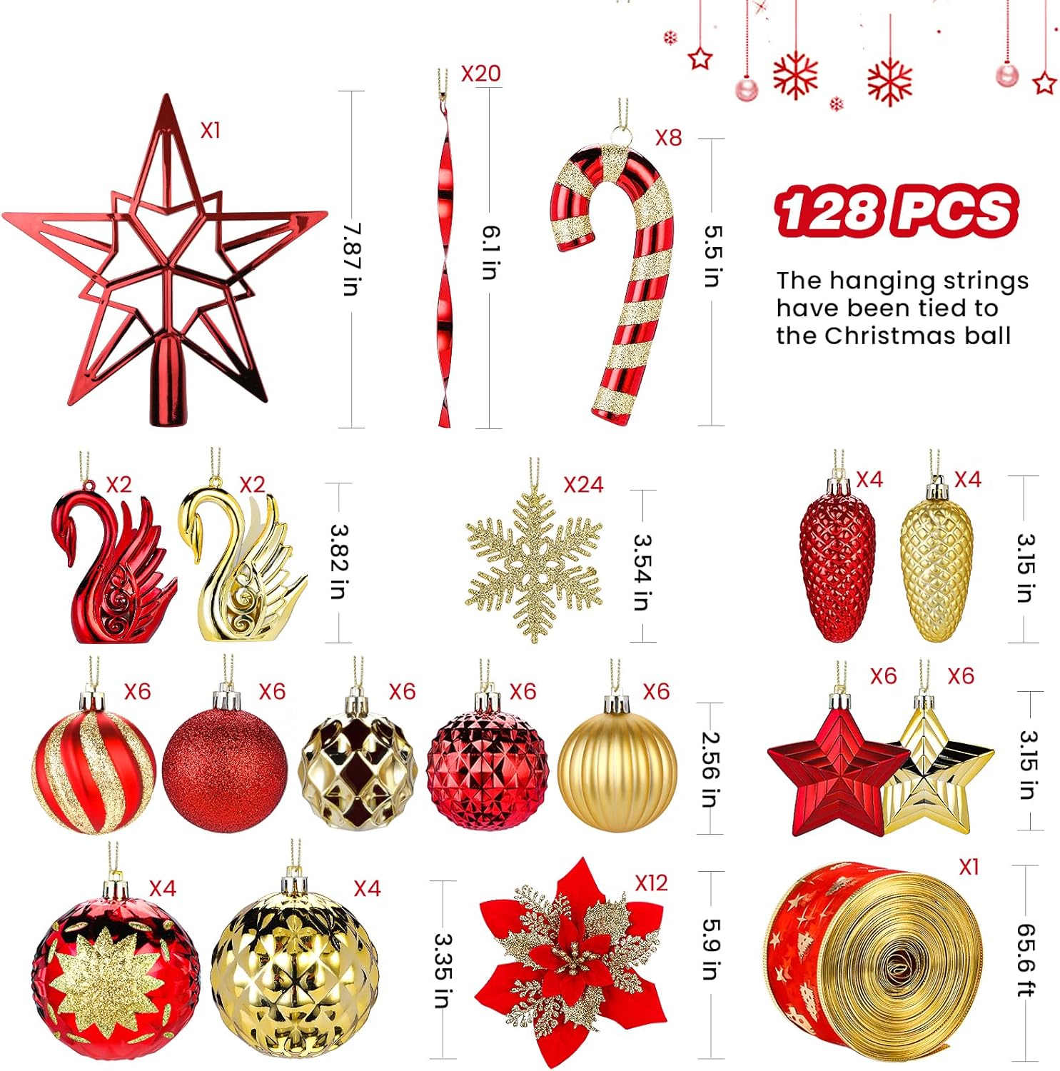 Alupssuc Juego de 128 adornos de bolas de Navidad, bolas de plástico inastillables, flores de Navidad, cinta y adorno para árbol de Navidad,