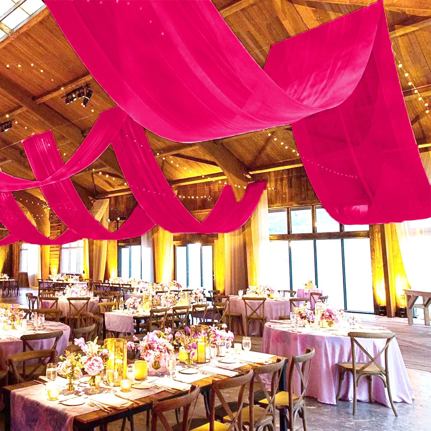 PATYDEST Cortinas de techo para bodas, 5 x 20 pies, tela de gasa rosa intenso para ceremonia de boda, cortinas de techo de tela transparente,
