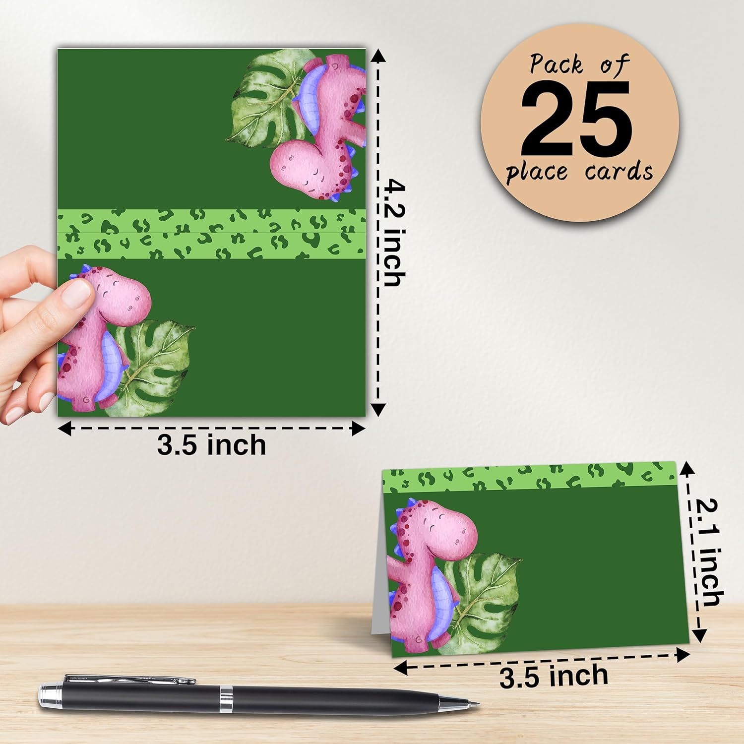 Tarjetas de lugar de dinosaurio para colocar la mesa, 25 tarjetas de lugar con nombre de media pliegue, tarjetas estilo tienda de campaña para