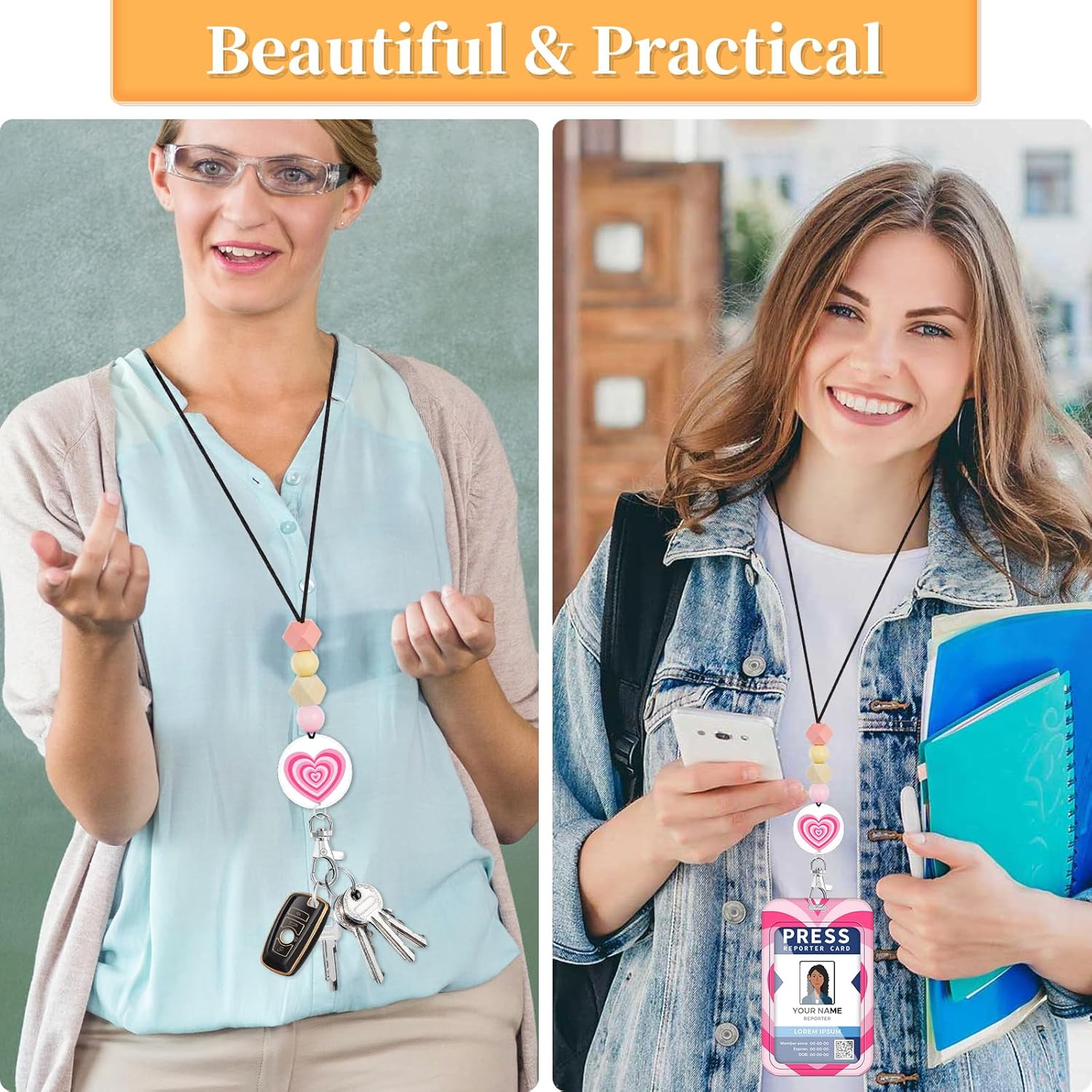 Toykee Cordón para profesor para tarjeta de identificación, lindo corazón para hombres y mujeres, con cuentas, cordón para el cuello, insignias,