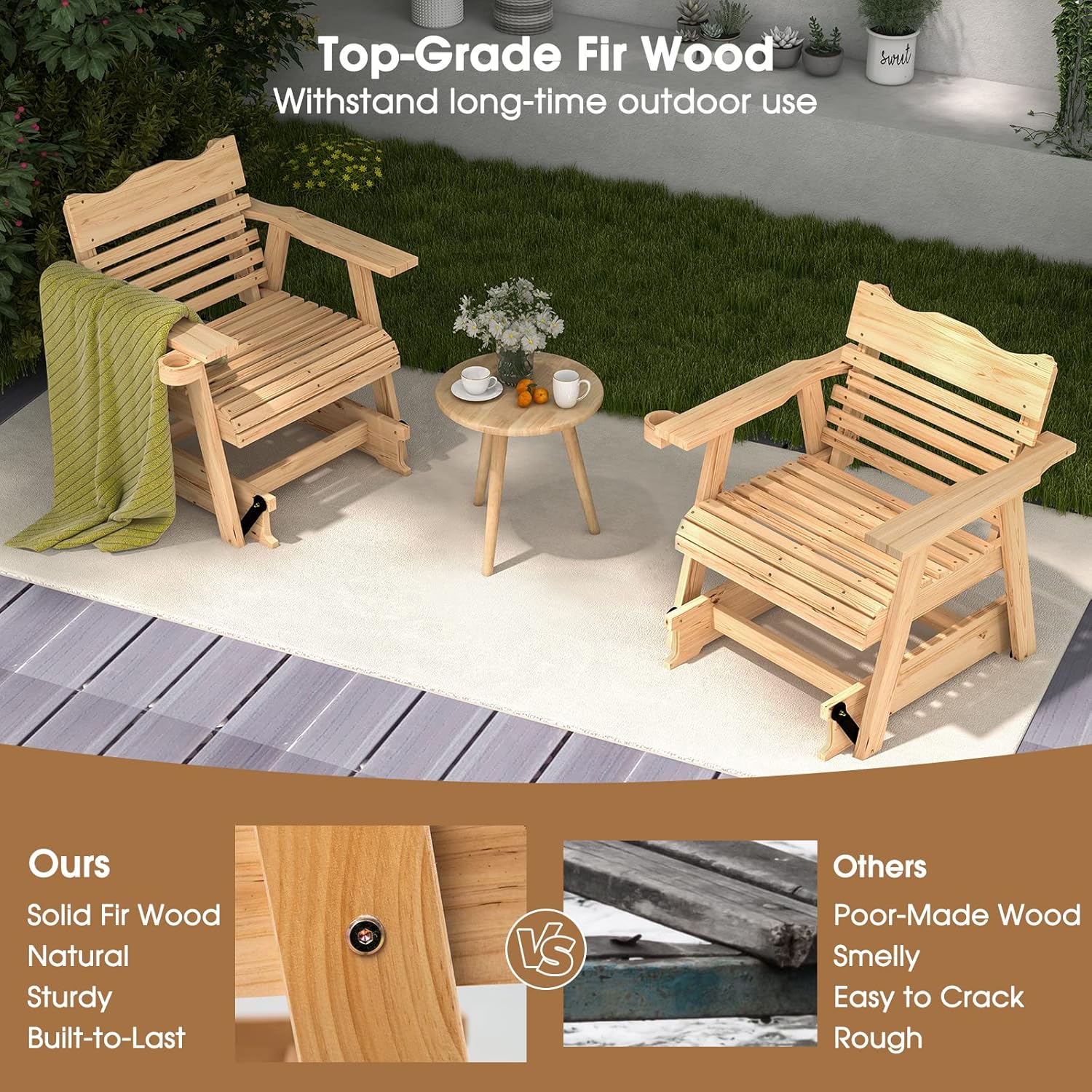 HAPPYGRILL Mecedora de madera para patio al aire libre con soporte oculto para tazas, balancín ergonómico de madera de abeto para porche delantero,