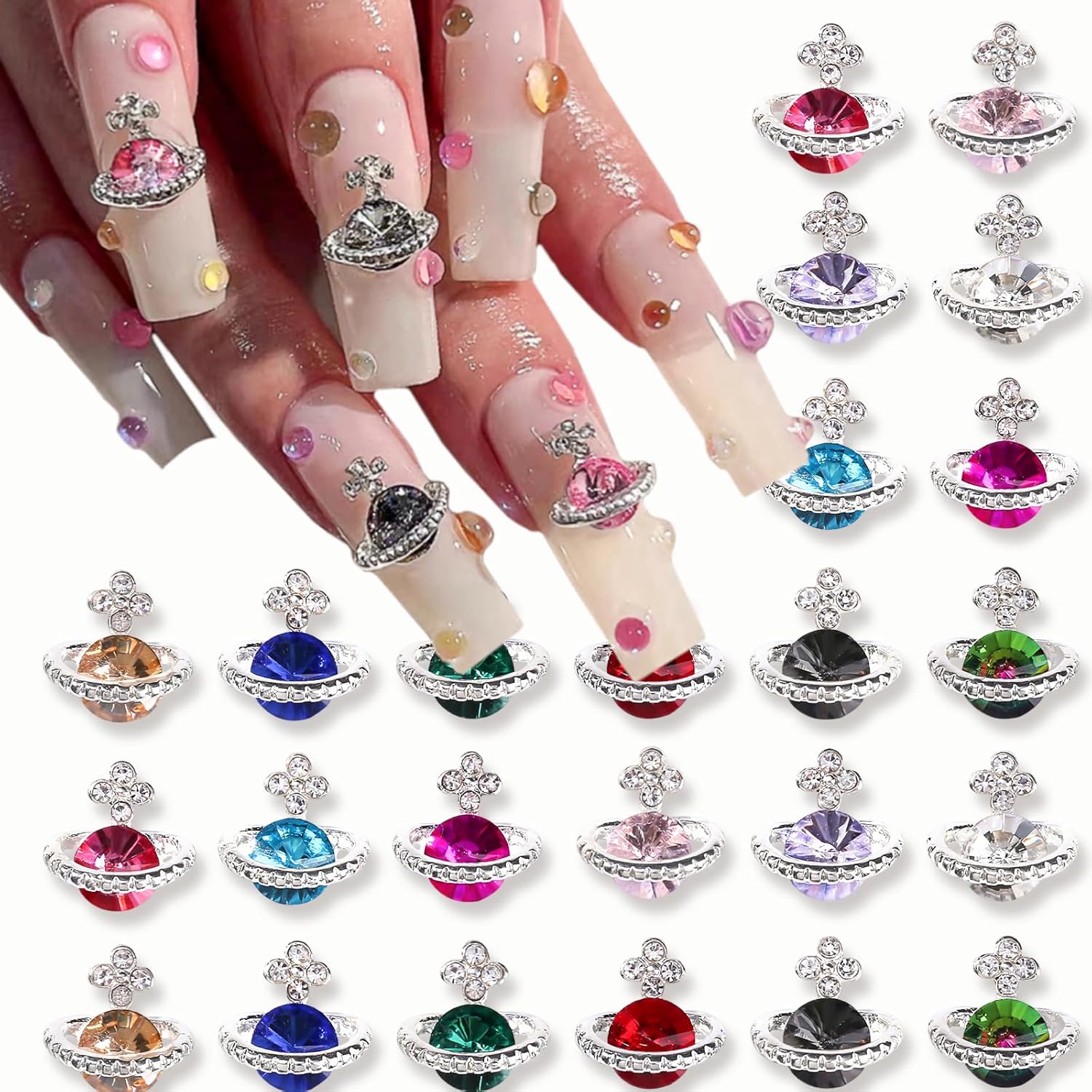24 dijes de uñas de planeta 3D brillante con diseño de Saturno con diamantes de imitación de diamantes de imitación de lujo, dijes de uñas para