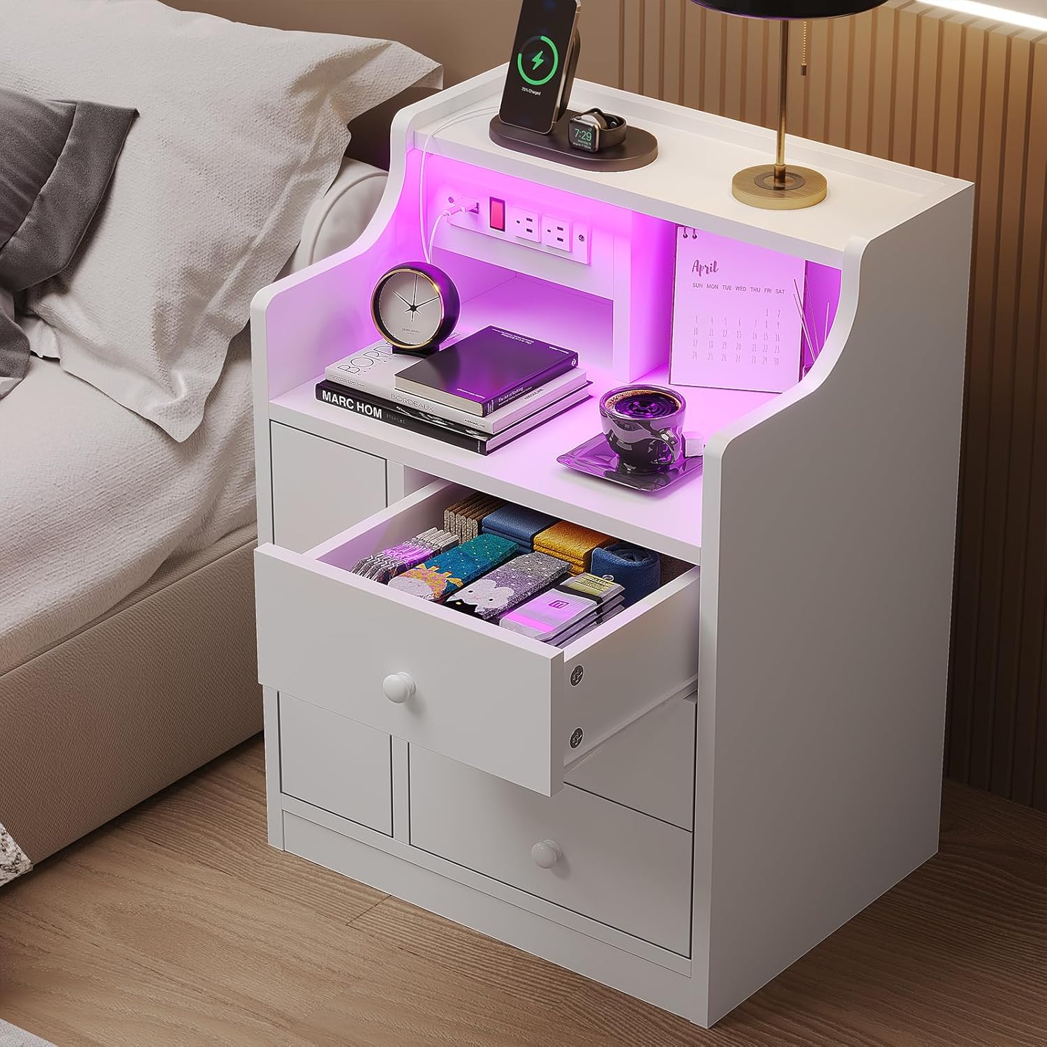 ADORNEVE Juego de 2 mesitas de noche blancas, mesita de noche LED con estación de carga, mesita de noche con cajones, mesa auxiliar moderna de