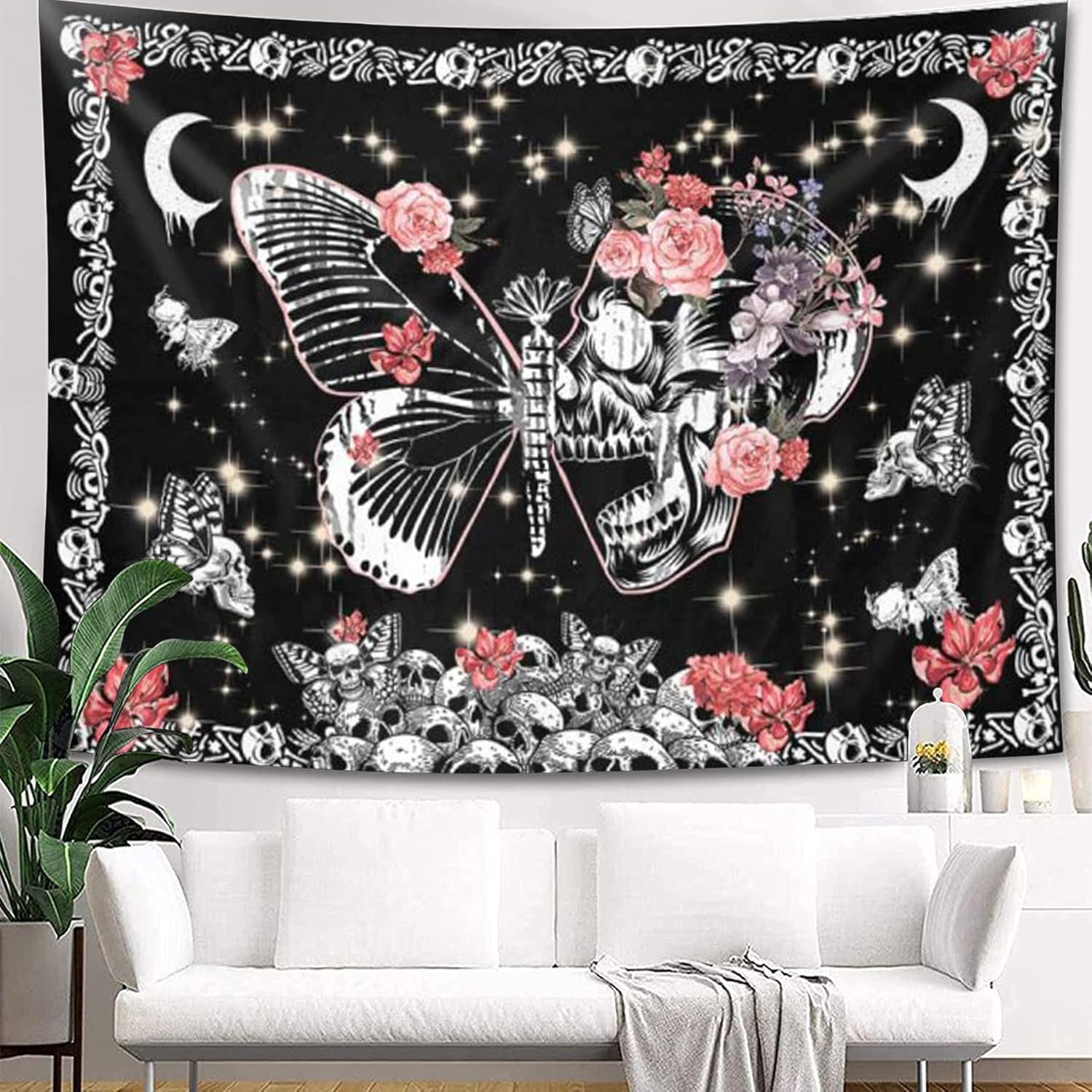 D-Story Tapiz para colgar en la pared, tapiz de calavera, esqueleto, luna, mariposa, flores, decoración del hogar, tapiz de pared de calavera, telón