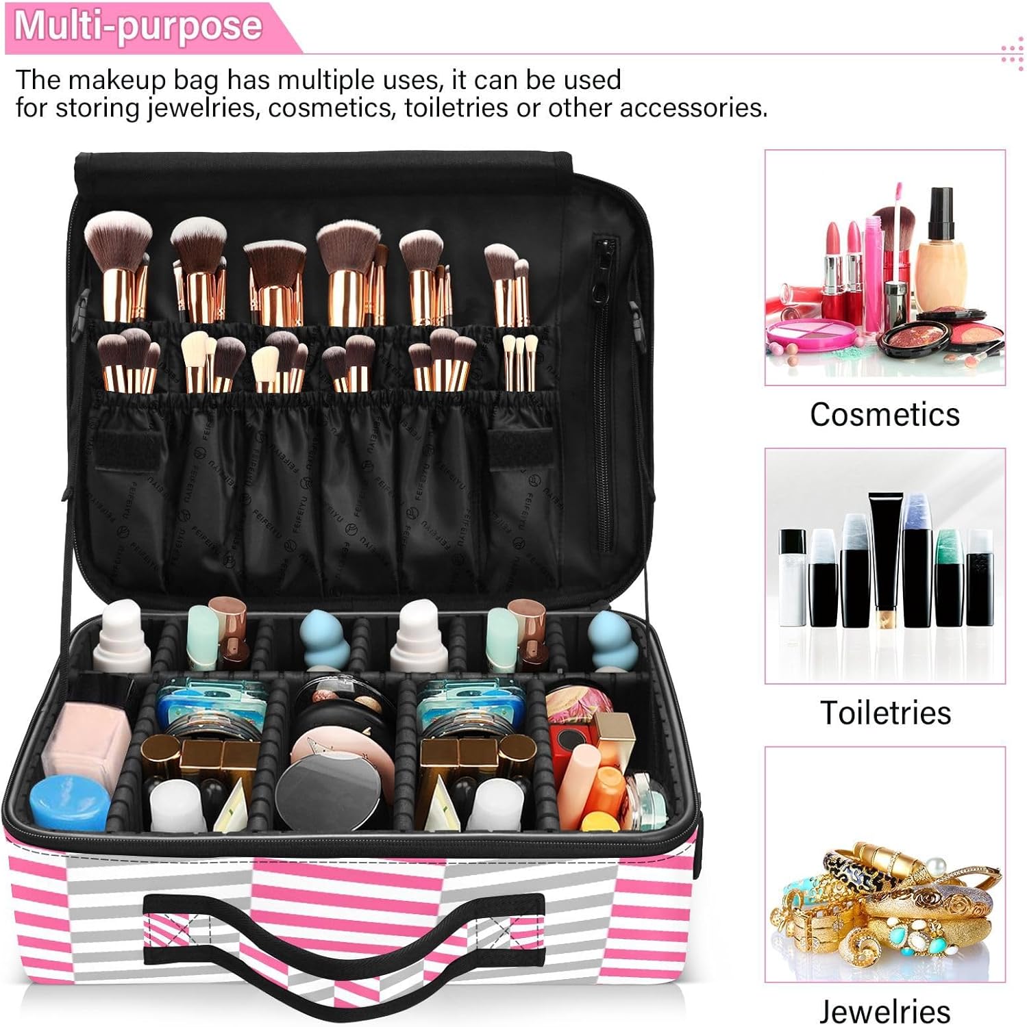 Bolsa de cosméticos de viaje con patrón geométrico de rayas para mujer, bolsa de viaje con compartimentos, bolsa de maquillaje con asa, bolsa de