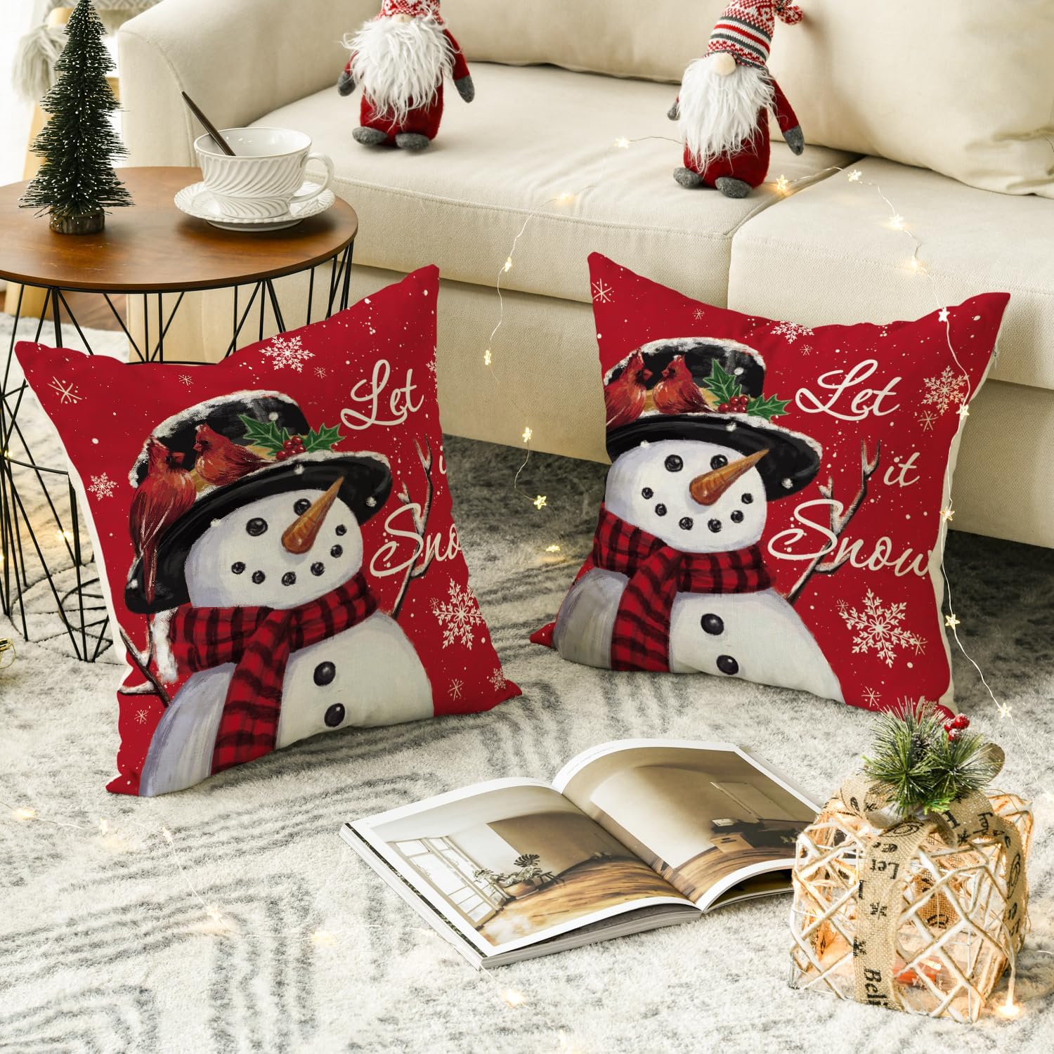 AVOIN colorlife Let it Snow – Juego de 2 fundas de almohada de Navidad de muñeco de nieve, 18 x 18 pulgadas, decoración de fundas de cojín para sofá