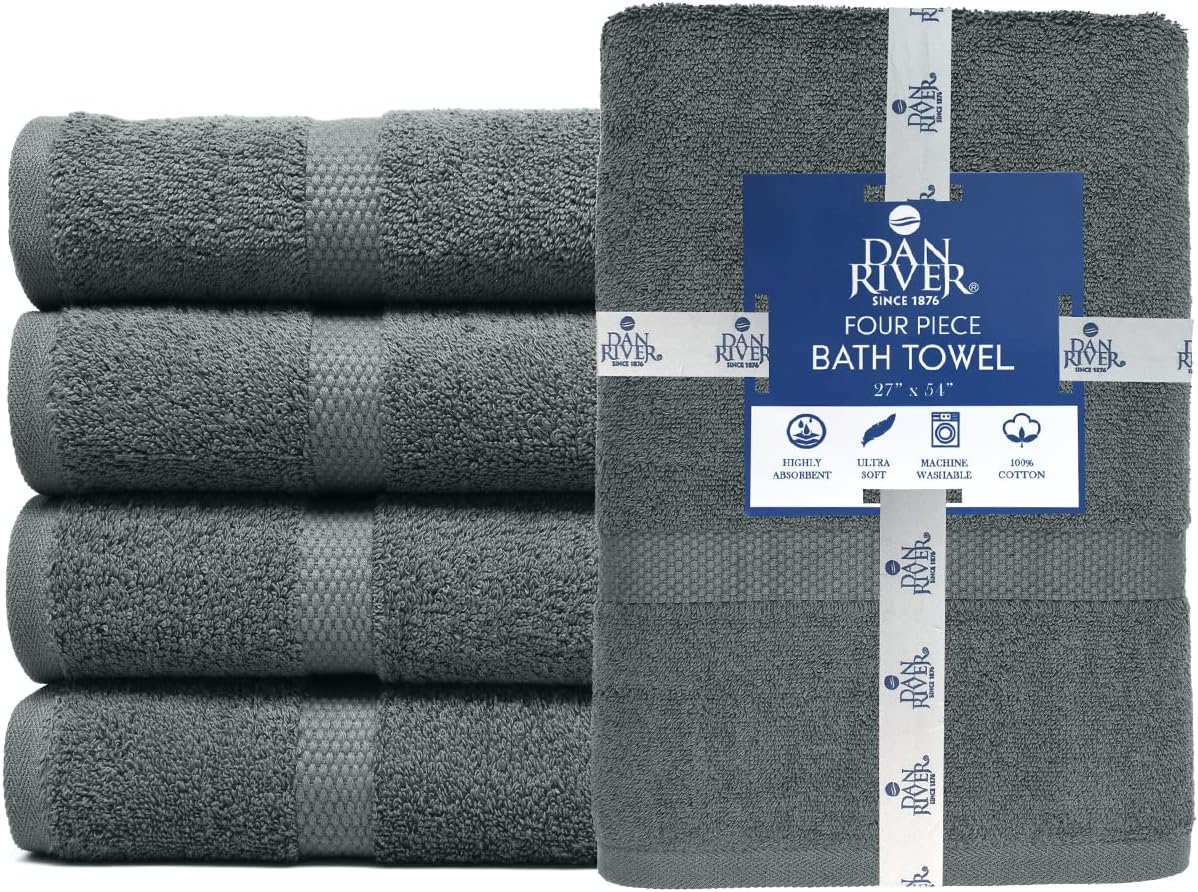 DAN RIVER Juego de 4 toallas de baño de algodón 100% lujoso, calidad premium, máxima comodidad y absorción para baño, hogar y spa (27 x 54
