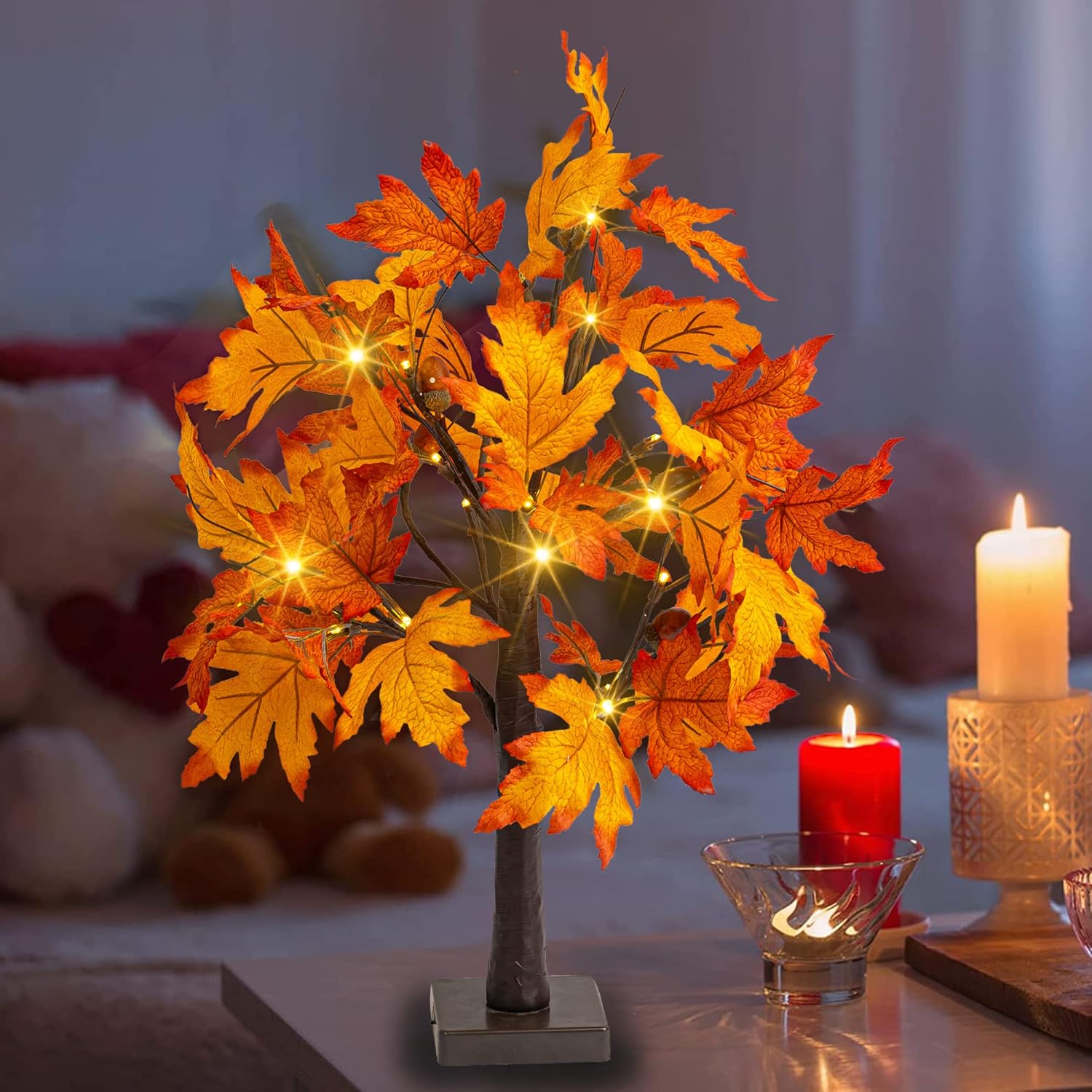 Dazzle Bright Paquete de 2 decoraciones de árbol de arce de otoño iluminadas de 24 pulgadas, 24 luces LED, funciona con pilas, árbol artificial con