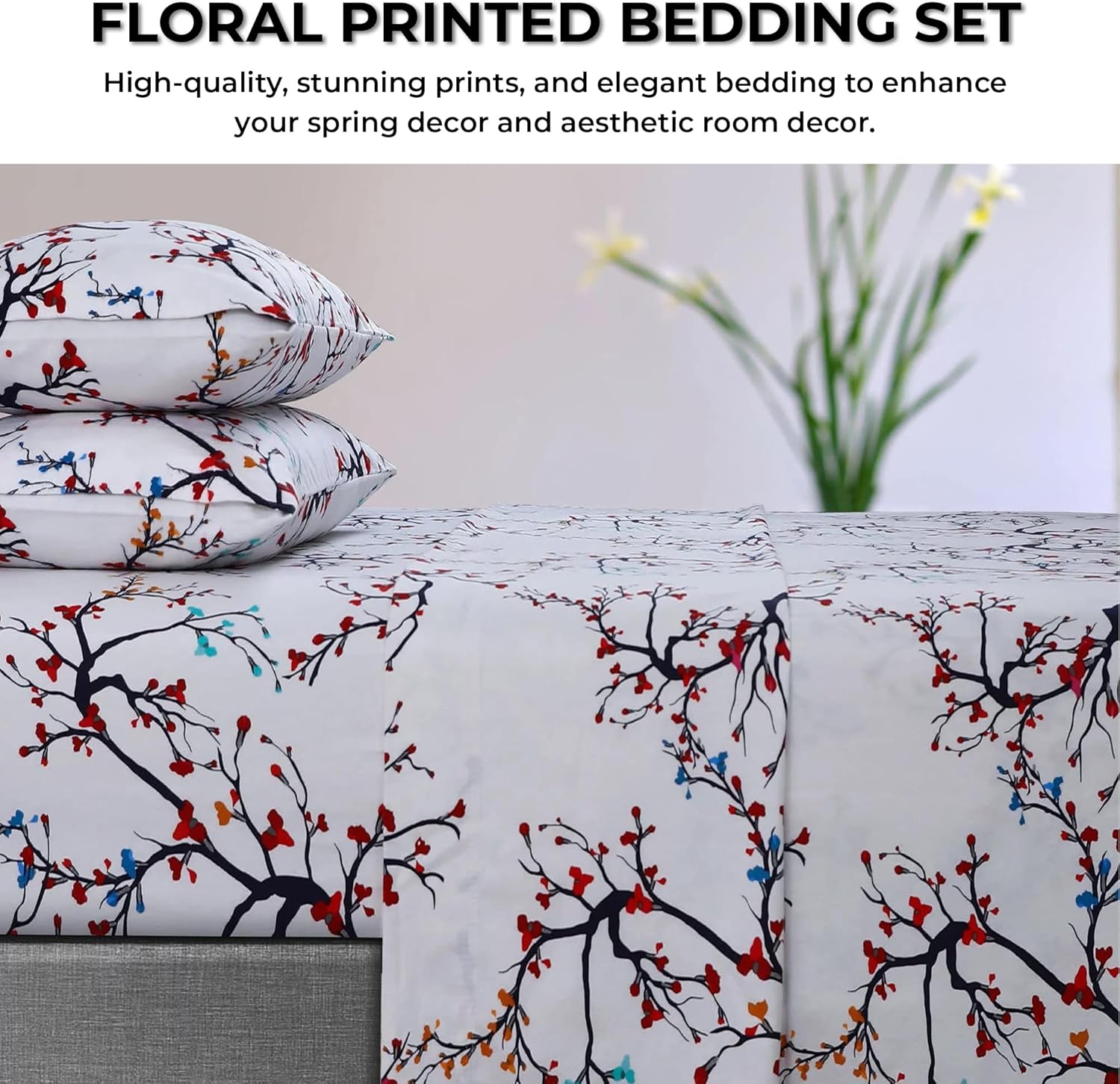 Tribeca Living Emilia Tree – Juego de sábanas de franela de bolsillo extra profundo de 170 GSM, tamaño matrimonial, rojo, (EMILIASHEFU)