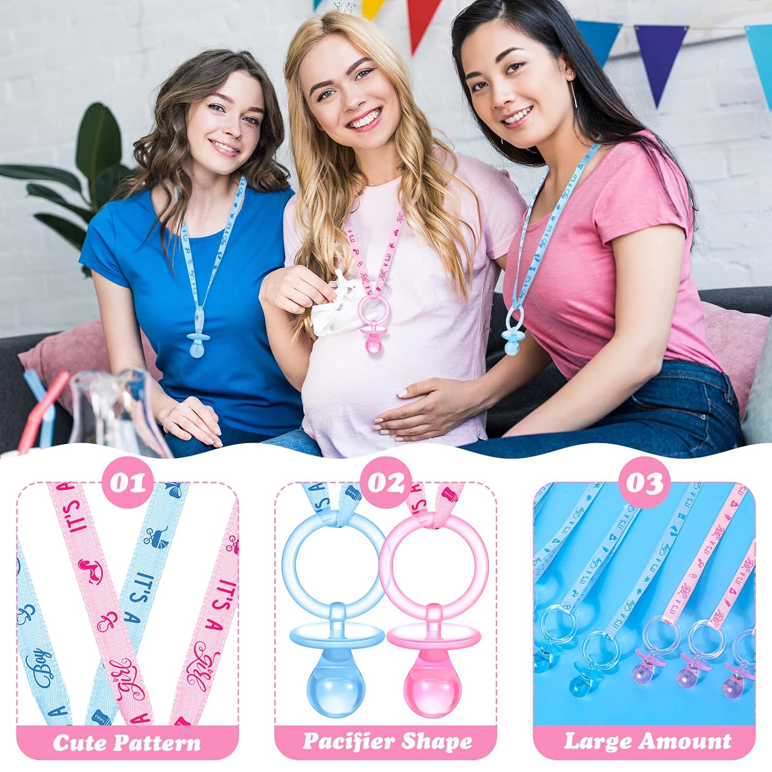 Junkin 60 piezas de chupetes de baby shower, chupetes acrílicos para bebé, regalos de fiesta, chupetes, collar para niñas y niños, decoración de