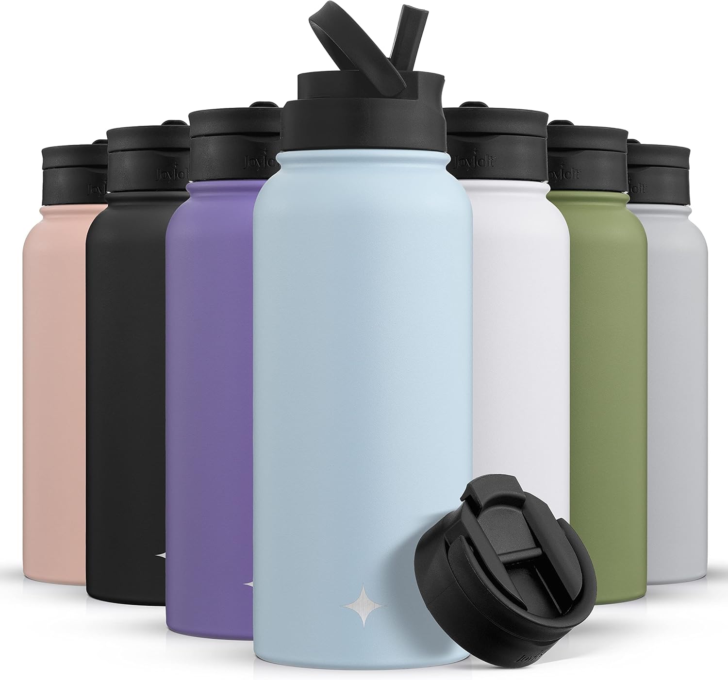 JoyJolt Botella de agua con triple aislamiento con tapa de popote y tapa abatible. Botella de agua grande de 32 onzas, botella de acero inoxidable