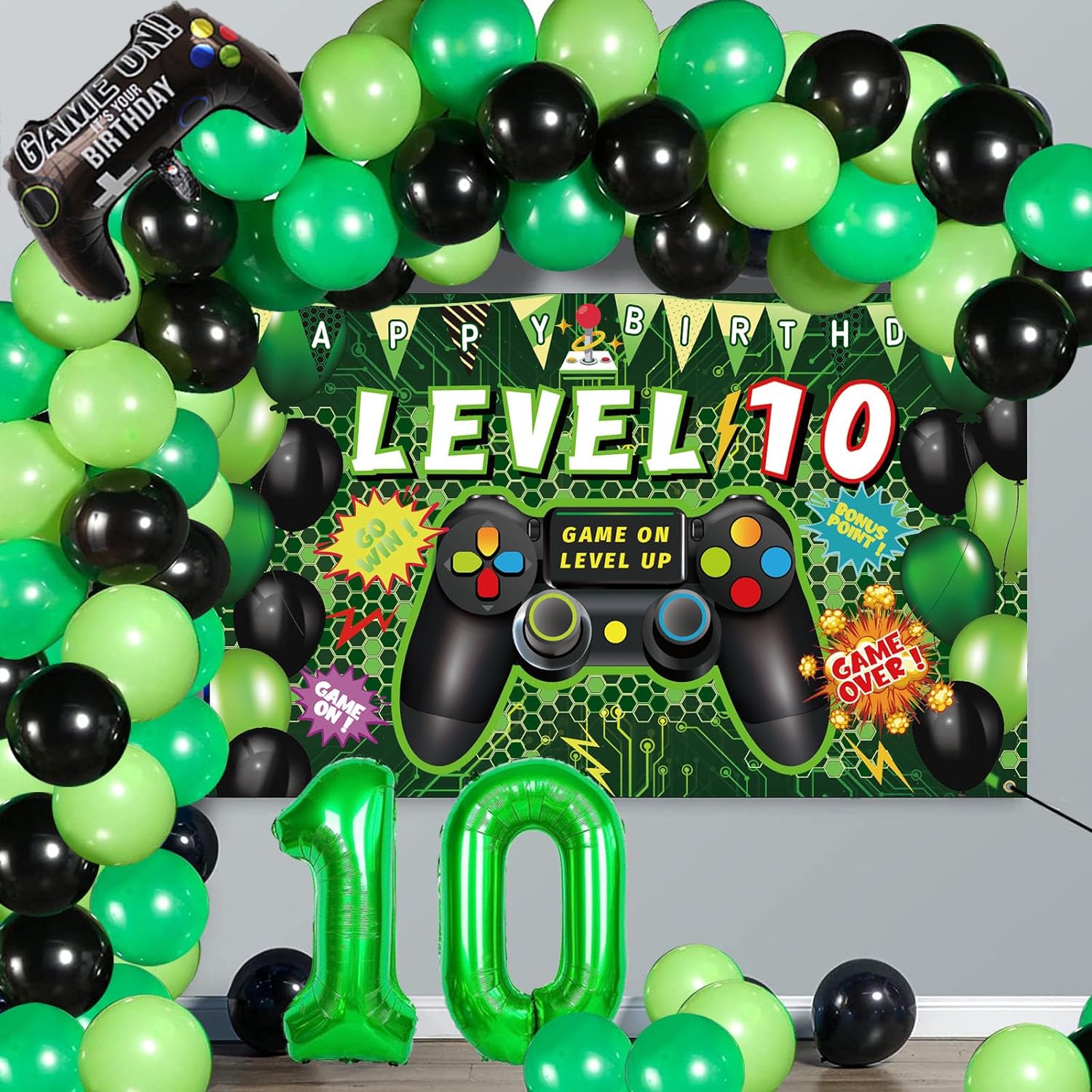 Vlipoeasn Juego de 90 decoraciones de fiesta de videojuegos de cumpleaños número 10 para niños, suministros verdes de 10 cumpleaños, telón de fondo