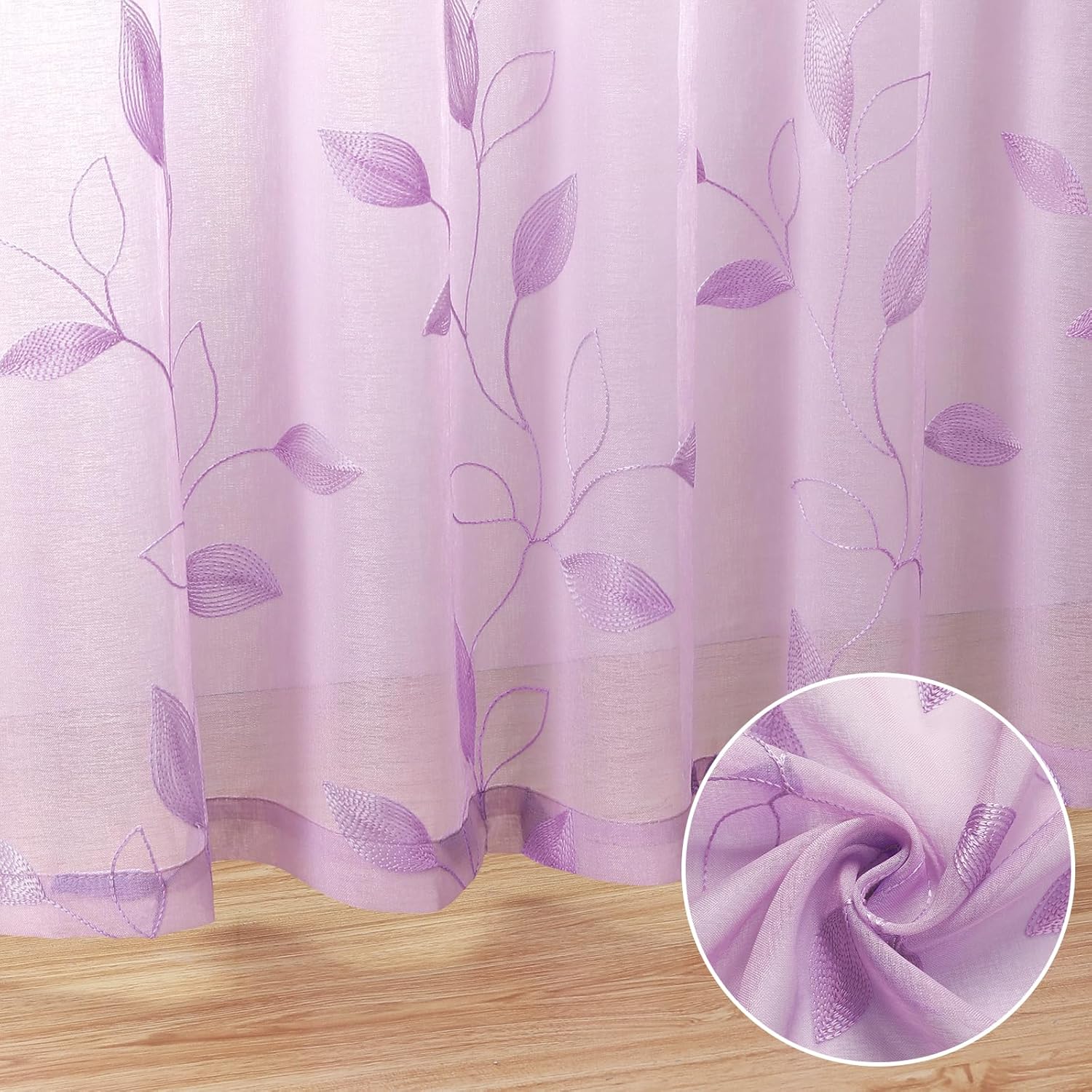 HOMEIDEAS Cortinas traslúcidas moradas de 52 x 96 pulgadas de largo, 2 paneles de cortinas bordadas moradas con patrón de hojas con bolsillo de lino