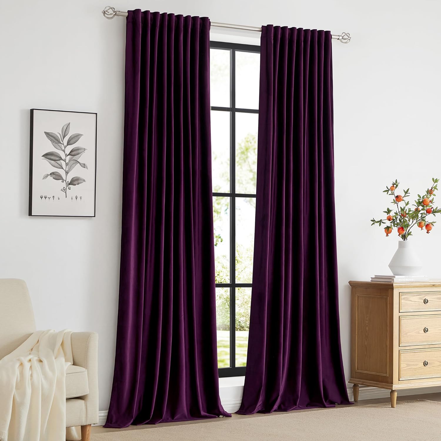 PRIMROSE Cortinas de terciopelo morado de 63 pulgadas de largo para sala de estar, juego de 2 paneles opacos, bolsillo para barra, pestaña trasera,