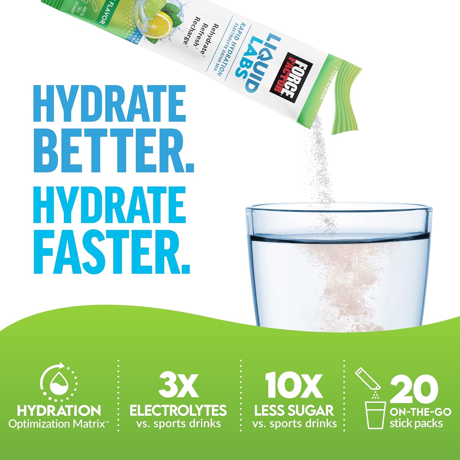 Paquete de electrolitos en polvo de FORCE FACTOR Liquid Labs, paquetes de hidratación para hacer agua con electrolitos con 5 vitaminas, minerales y