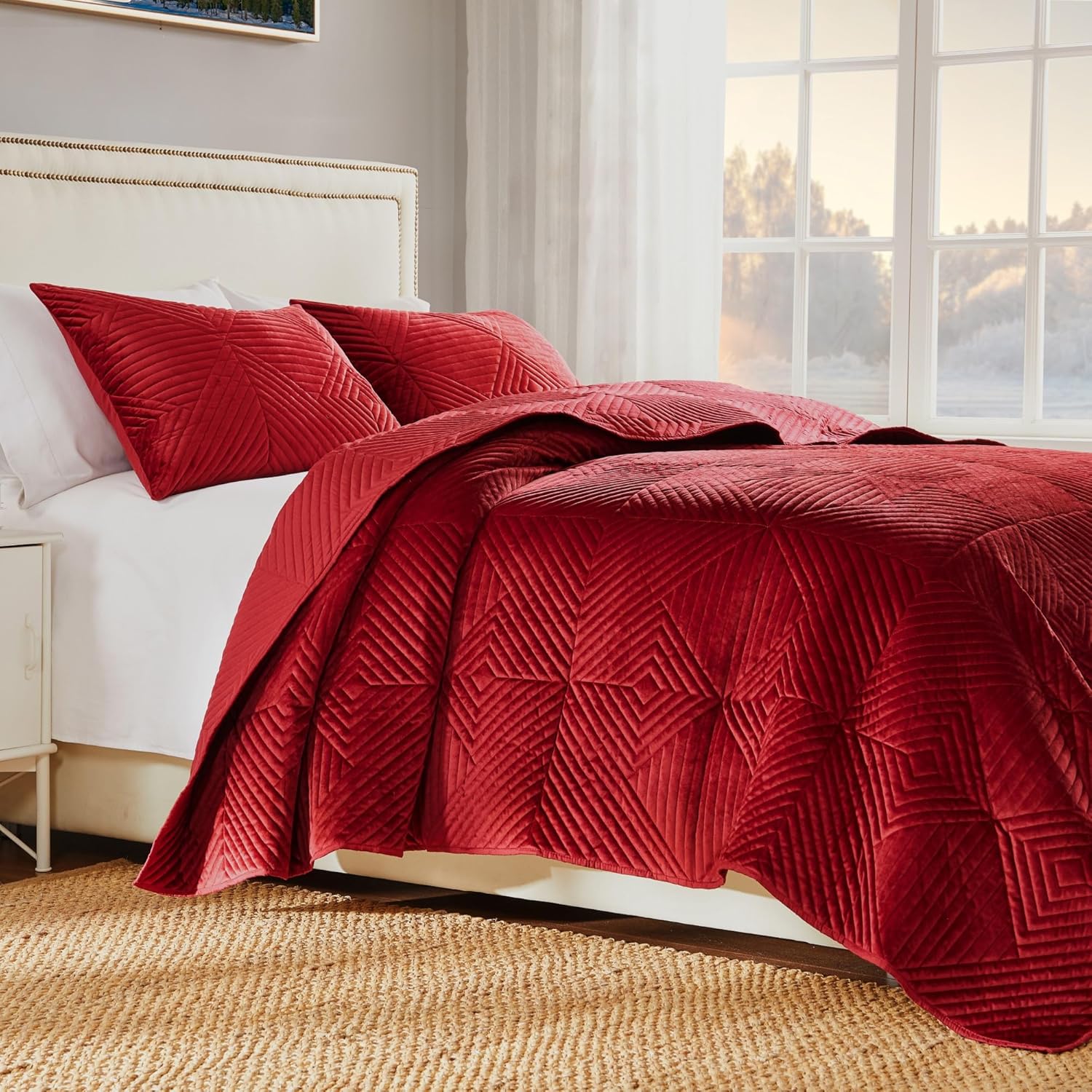 Riviera – Juego de edredón y fundas de almohada de terciopelo, 3 piezas, KingCal King, color rojo