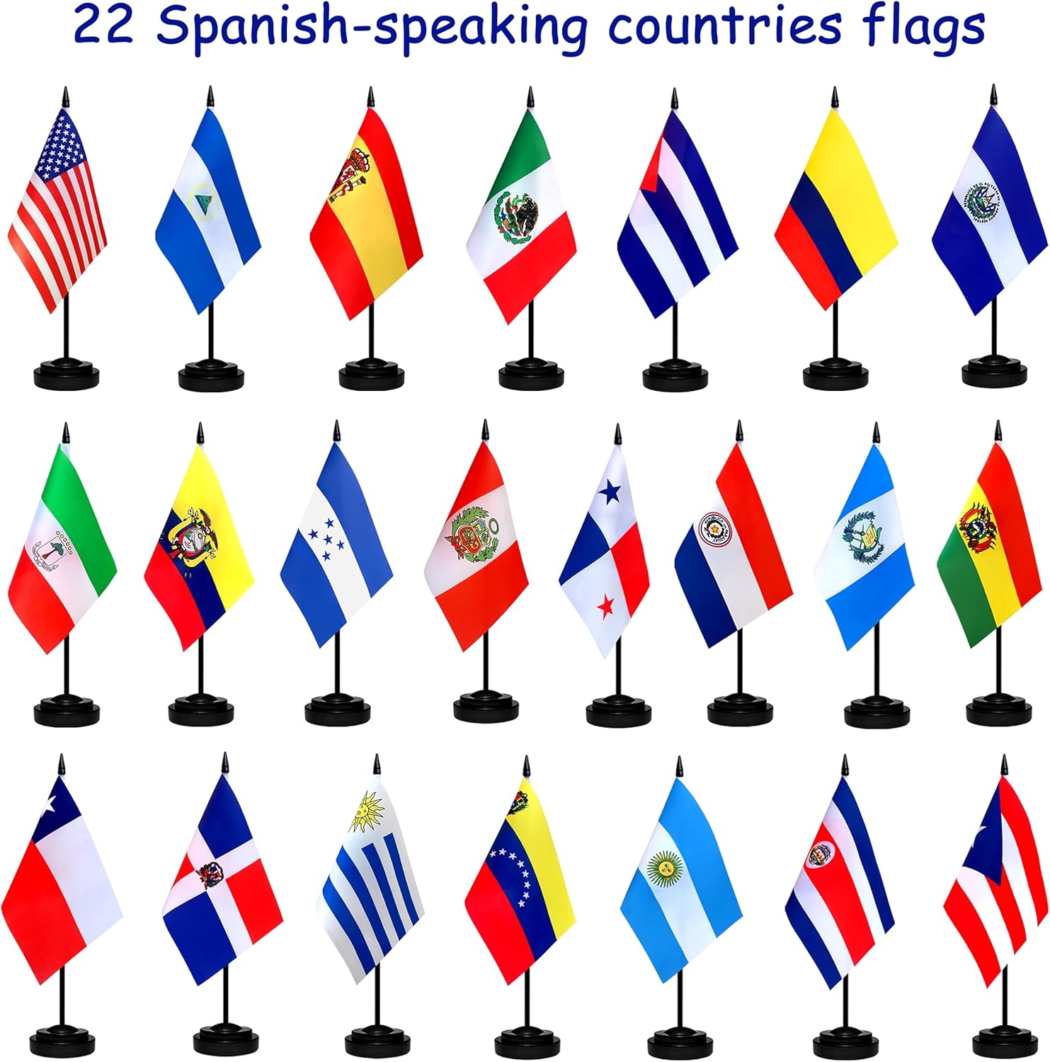LZXING Juego de banderas de escritorio de habla hispana de 22 países pequeños, mini banderas latinoamericanas para decoraciones del mes hispano, 5 x