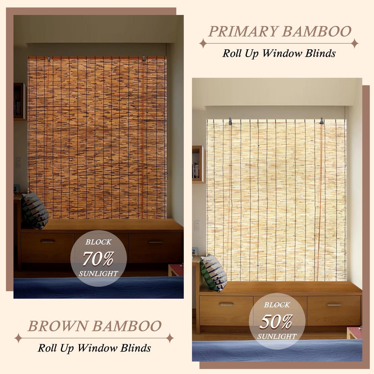 Persianas de bambú, paquete de 2 persianas enrollables de bambú retro de 47 pulgadas de ancho x 71 pulgadas de alto para ventanas, persianas de caña