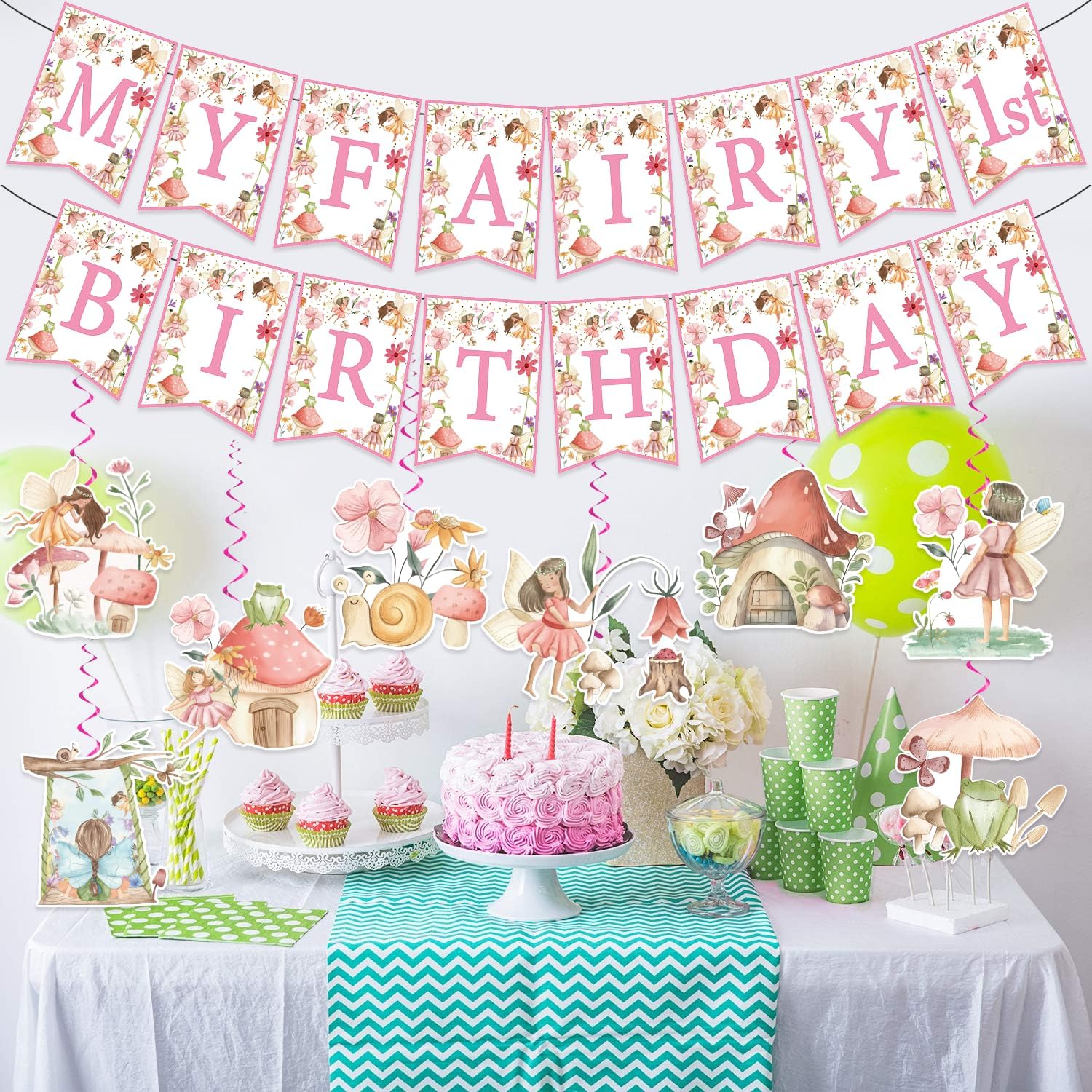 NO-DIY – Cartel de decoración de primer cumpleaños con diseño de hada con diseño de hadas, decoraciones de fiesta de cumpleaños con temática de