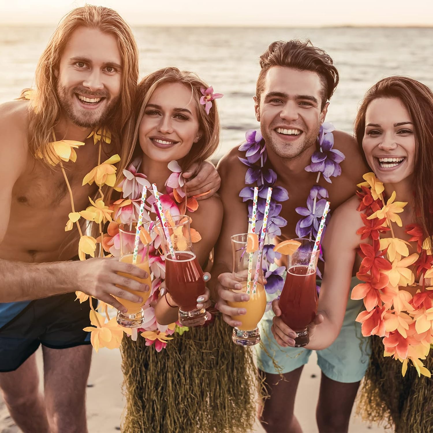 100 pajitas de papel de hibisco, pajitas de papel hawaianas tropicales para fiestas, cócteles, decoraciones para suministros de fiesta, cumpleaños,