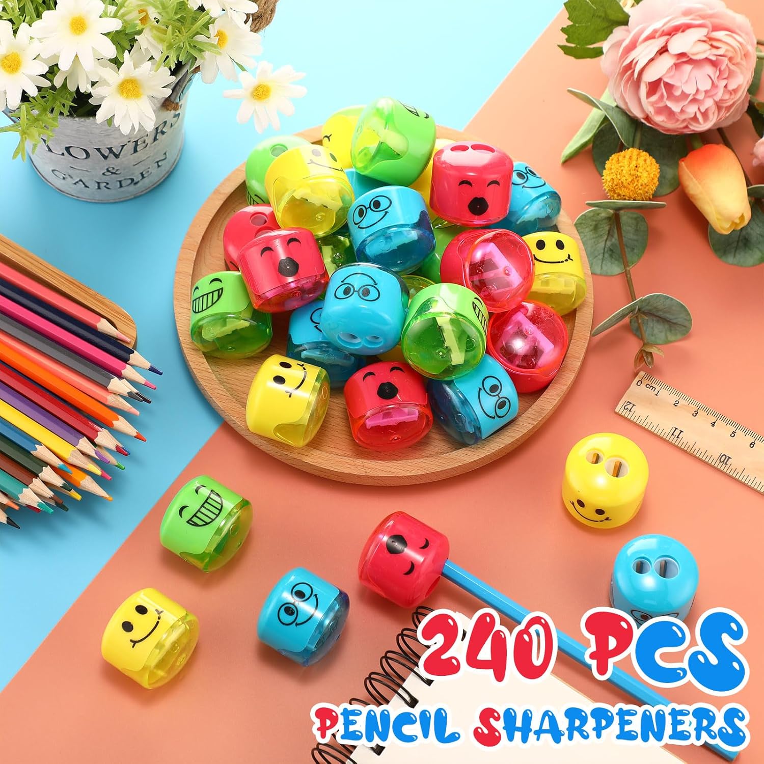 240 sacapuntas de mano para niños, sacapuntas manuales de doble agujero, sacapuntas de expresión de dibujos animados coloridos para escuela,