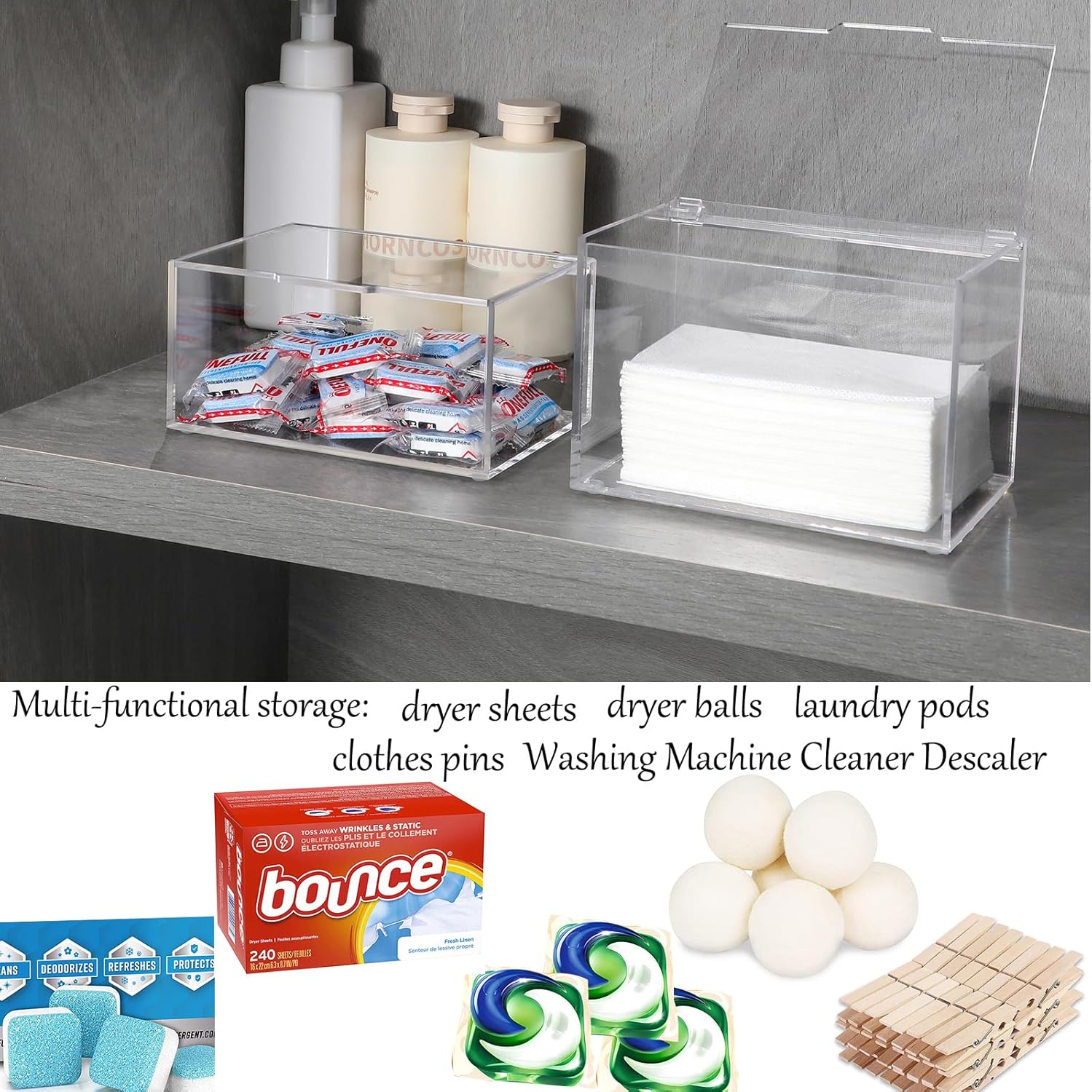 rejomiik Soporte de hojas de acrílico para secadora, caja dispensadora de hojas de secadora transparente con tapa y película antiarañazos para