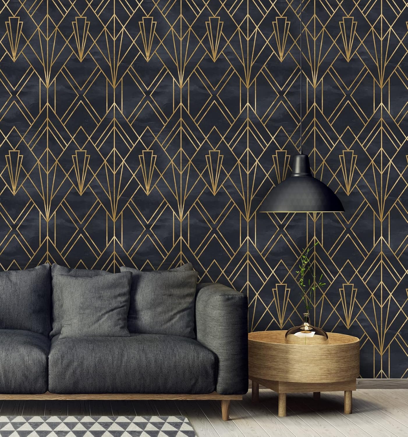 Coloritto Papel tapiz extraíble para despegar y pegar, mural de pared Art Deco autoadhesivo, líneas geométricas Art Deco, fondo negro acuarela