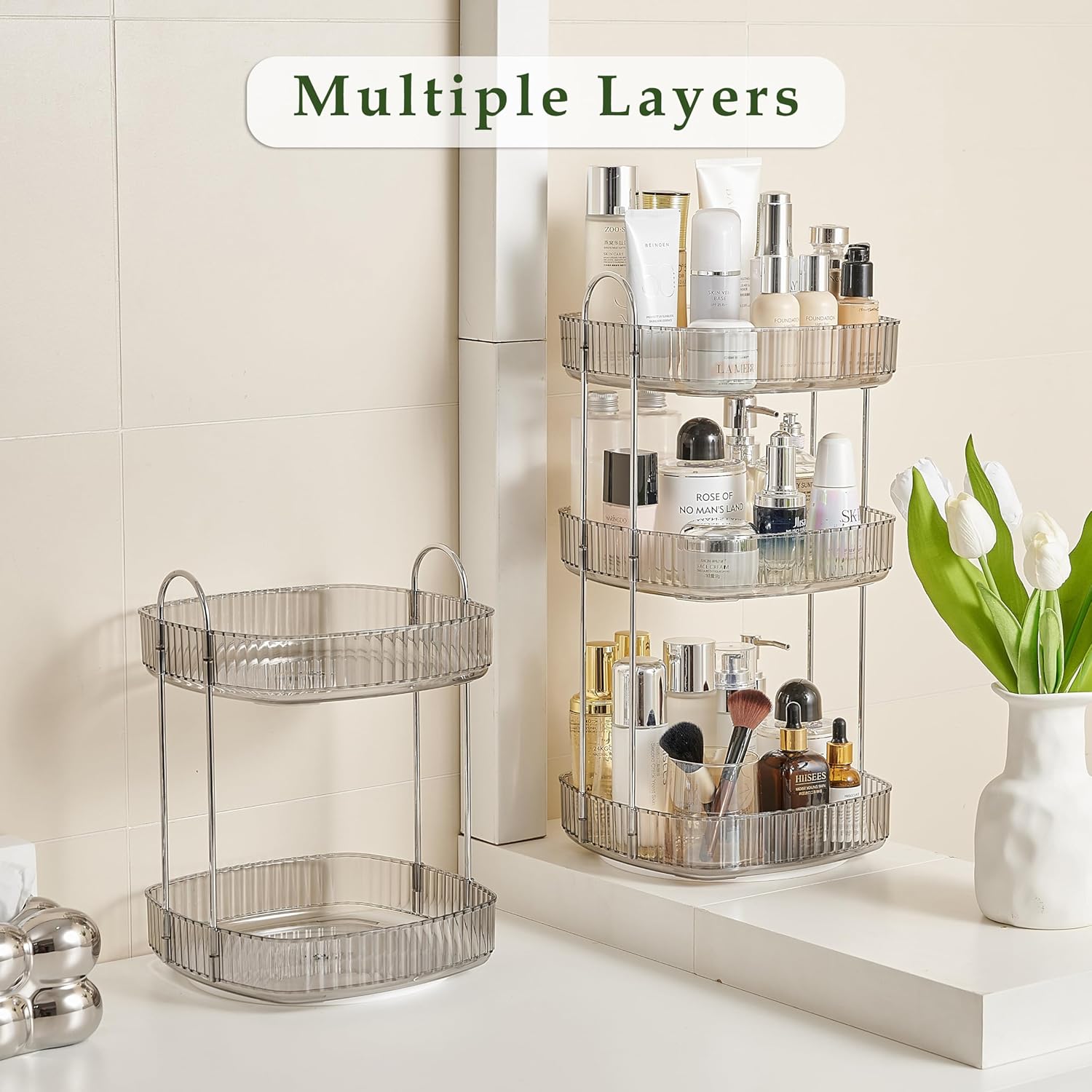 CICUFY Organizador de maquillaje giratorio cuadrado Organizador de contador de baño para cosméticos de cuidado de la piel de perfume – Gris 2 niveles