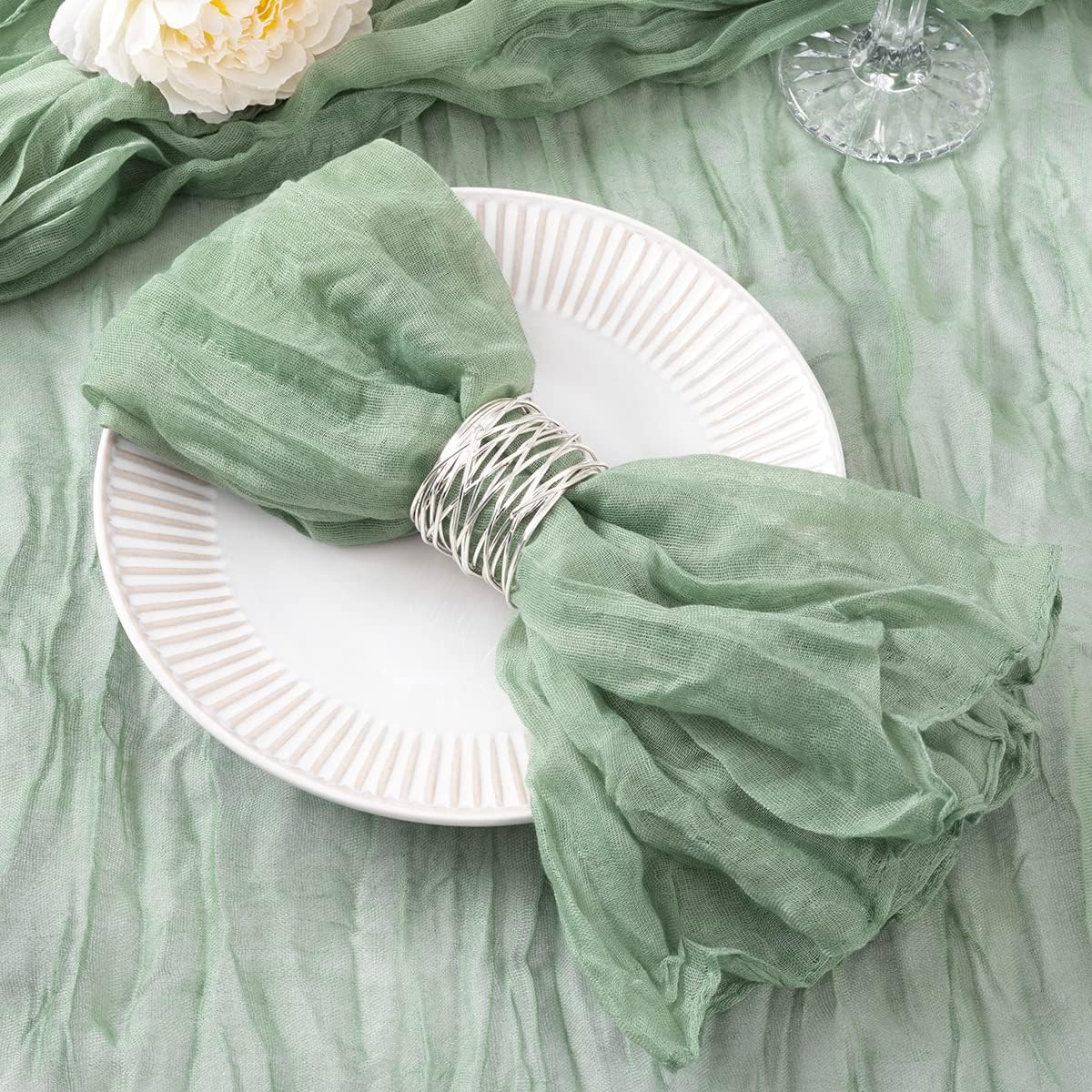 DeZerlor Paquete de 12 servilletas de tela verde salvia, estilo bohemio, de gasa, juego de 12 servilletas de lino y algodón suave para el día de San