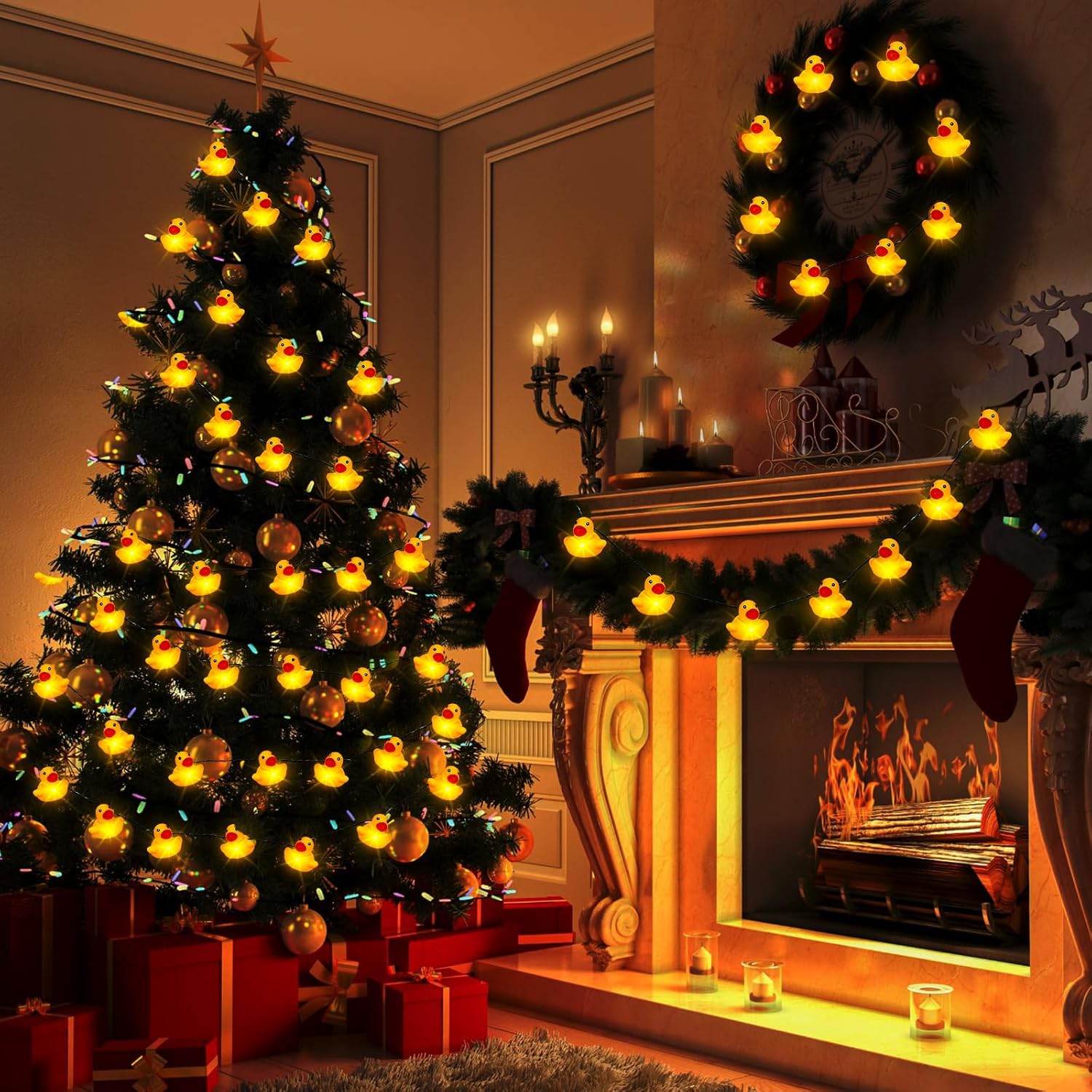 Deekin Guirnalda de luces LED de goma con 100200 luces LED para árbol de Navidad, pato, funciona con pilas, luces decorativas para Navidad,