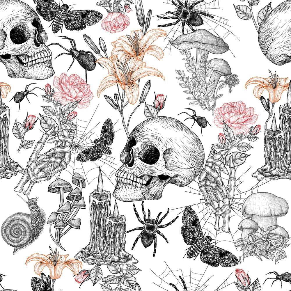 BEETAL Papel tapiz autoadhesivo con diseño de hongos y calavera en blanco y negro, papel de contacto moderno para despegar y despegar, autoadhesivo,