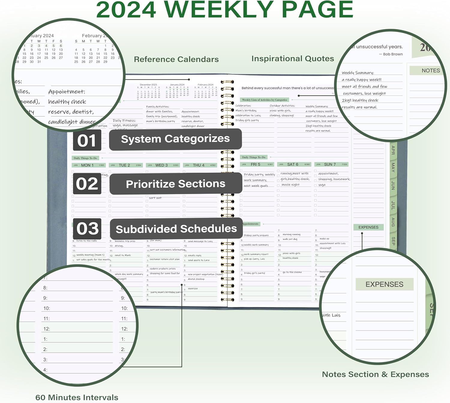 Agenda 2024  Agenda de negocios 2024-2025, planificador de 3 niveles, libro de citas enero a diciembre de 2024, 8.74 x 11.38 pulgadas, intervalos de