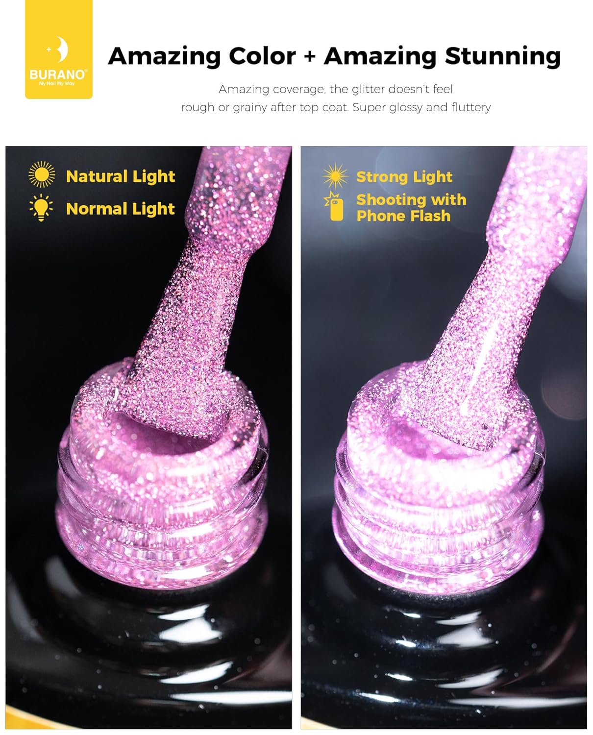 BURANO Esmalte de uñas de gel reflectante, esmalte de gel reflectante con purpurina de diamante de 0.2 fl oz, esmalte de gel de color brillante,