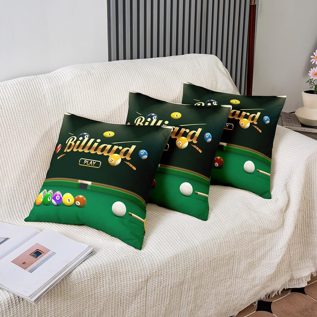 Juego de 2 fundas de almohada de billar 3D para sofá, cama, para niños, amantes de los juegos de pelota, fundas de cojín coloridas de 18 x 18
