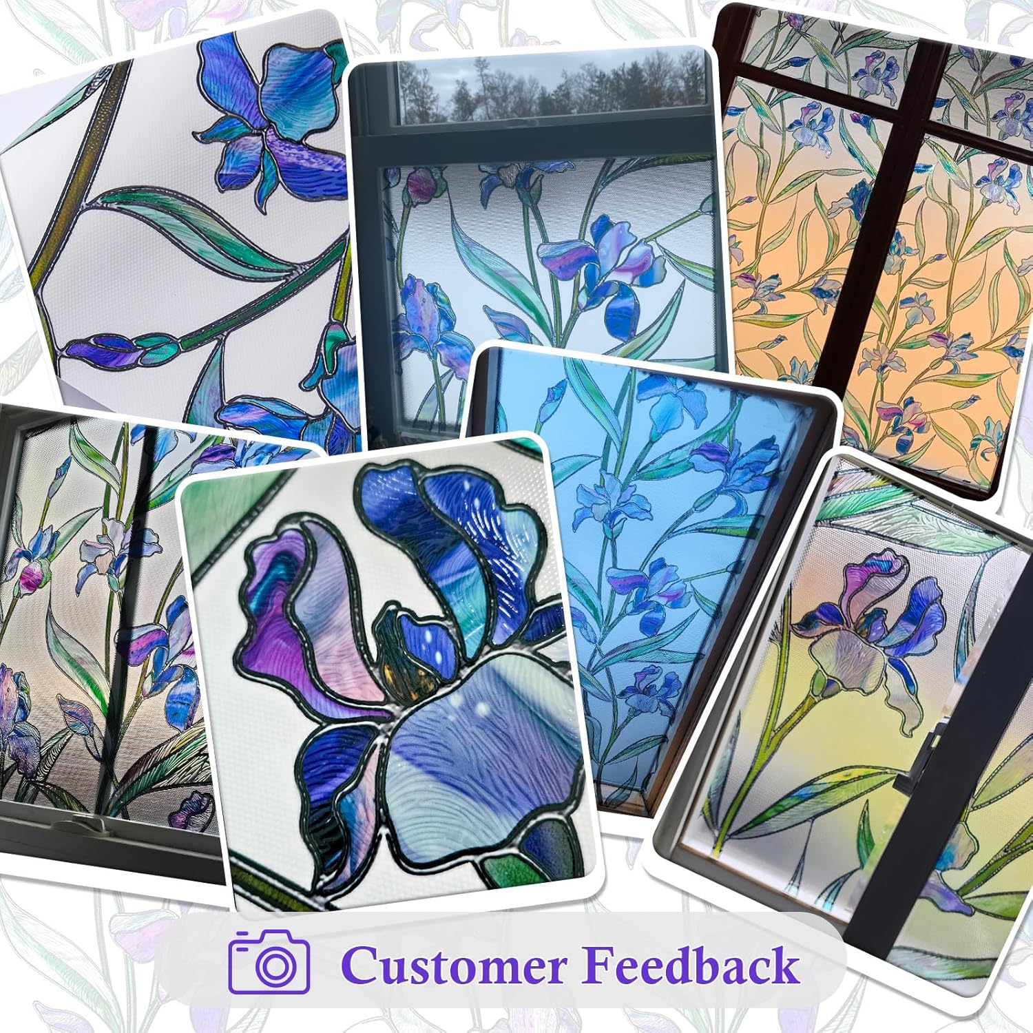 Coavas Película de privacidad para ventana, 3D, diseño floral, violeta, vitral, se adhiere a la estática, calcomanías esmeriladas para baño,