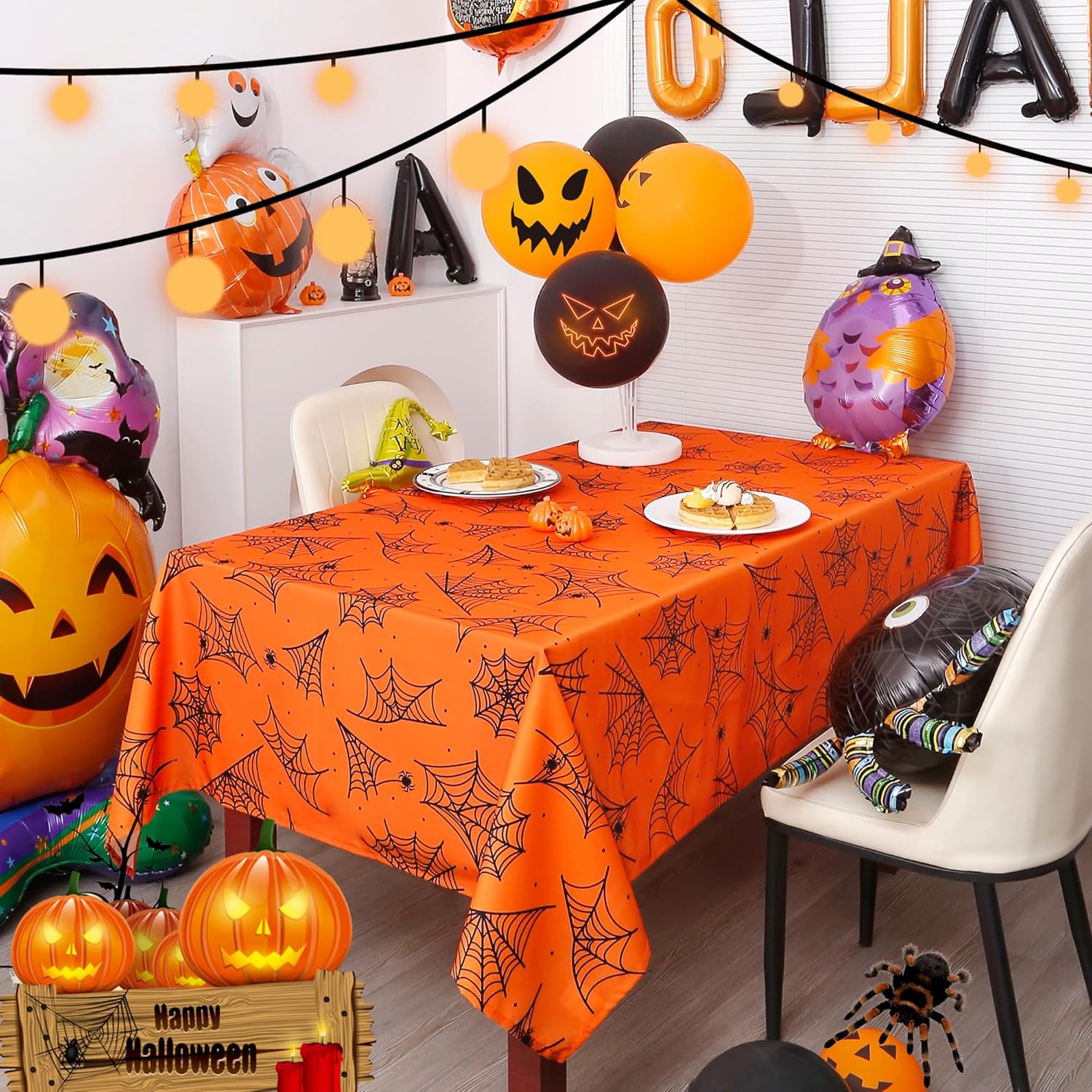 Mantel rectangular de Halloween, 60 x 102 pulgadas, impermeable, tela de araña, mantel lavable para decoración de fiestas, pícnic, cenas