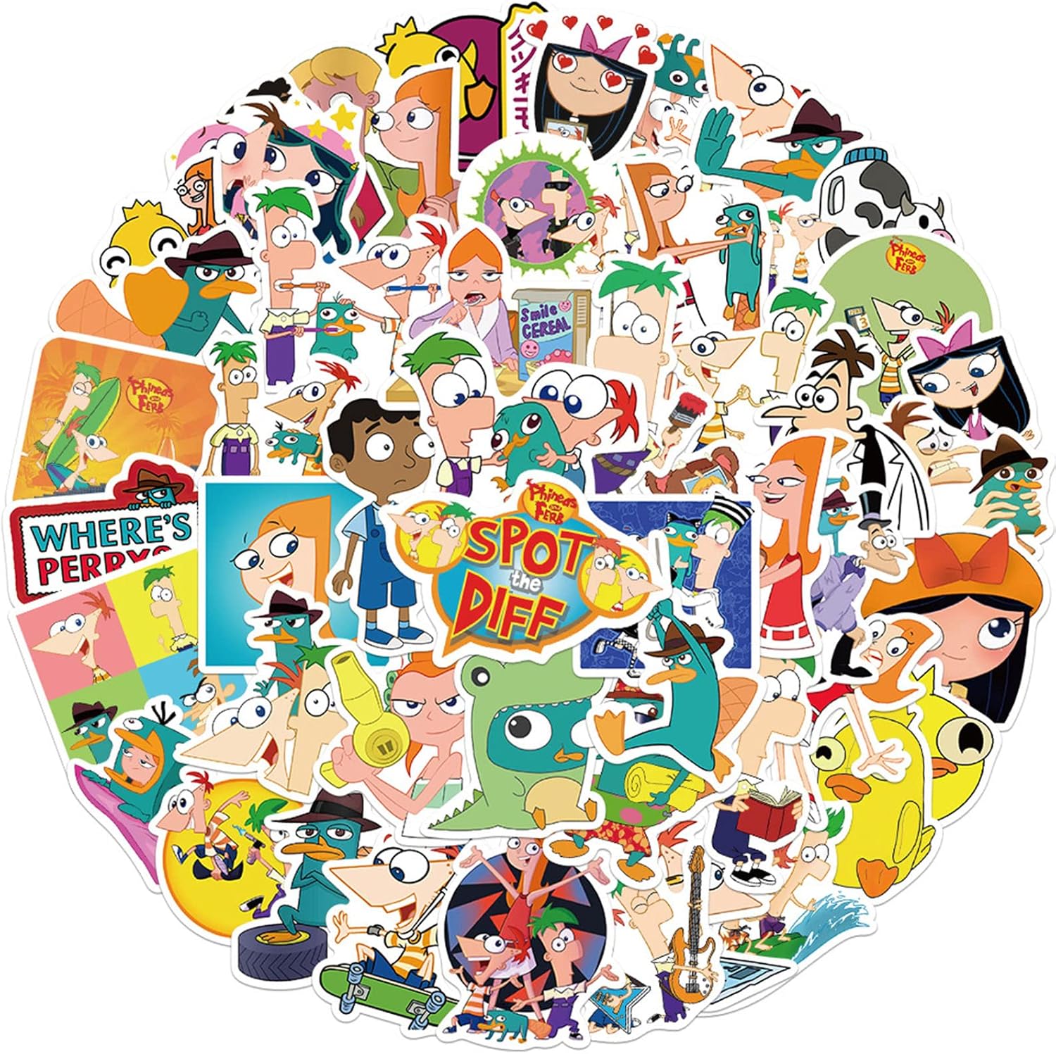50 calcomanías de dibujos animados de Phineas y Ferb para niños, lindas y divertidas calcomanías de dibujos animados para laptop, botellas de agua,