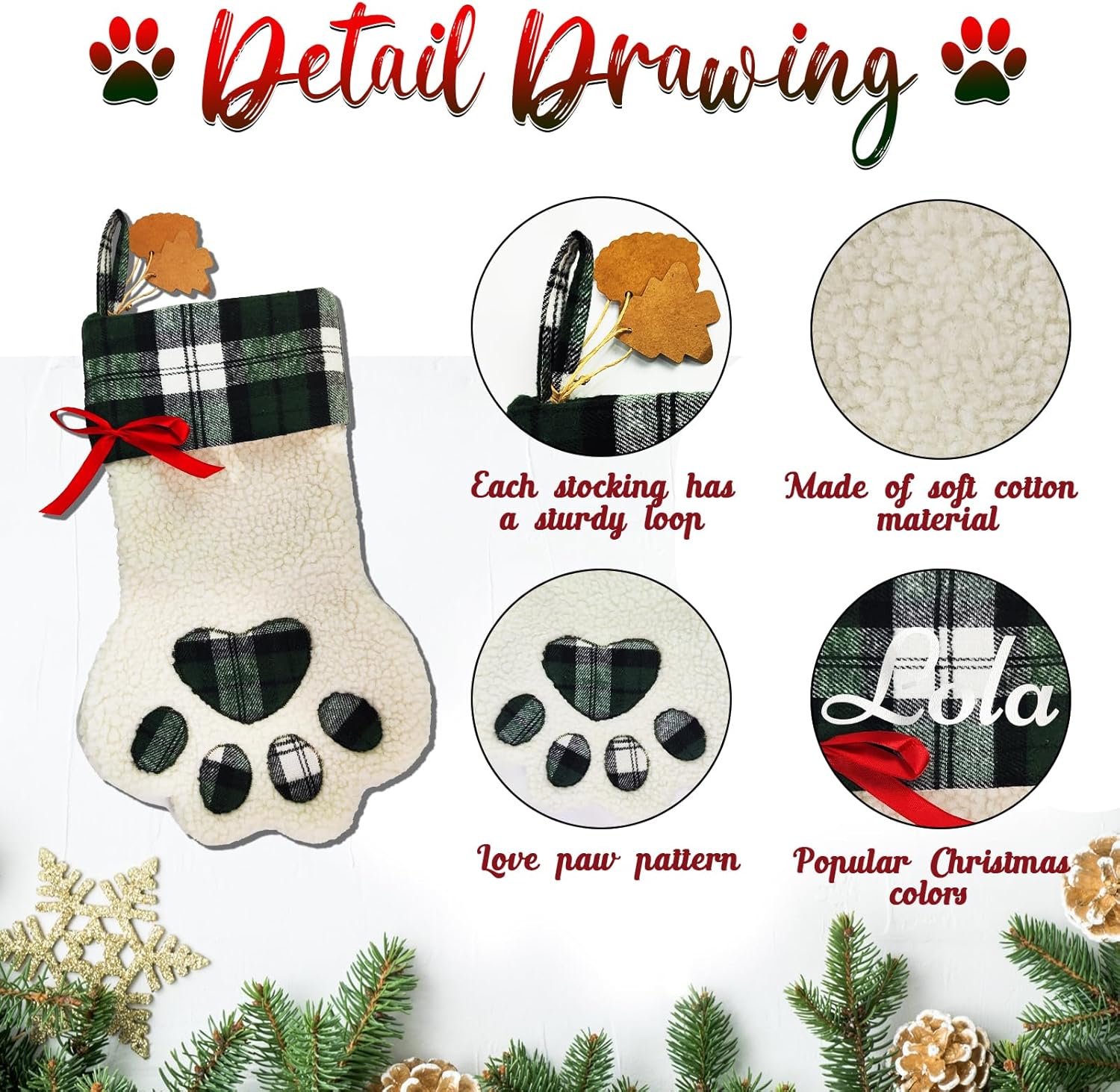 Calcetines de Navidad personalizados para perros, patas de perro con nombre, sherpa sintético blanco con puño a cuadros verdes y detalles de hueso