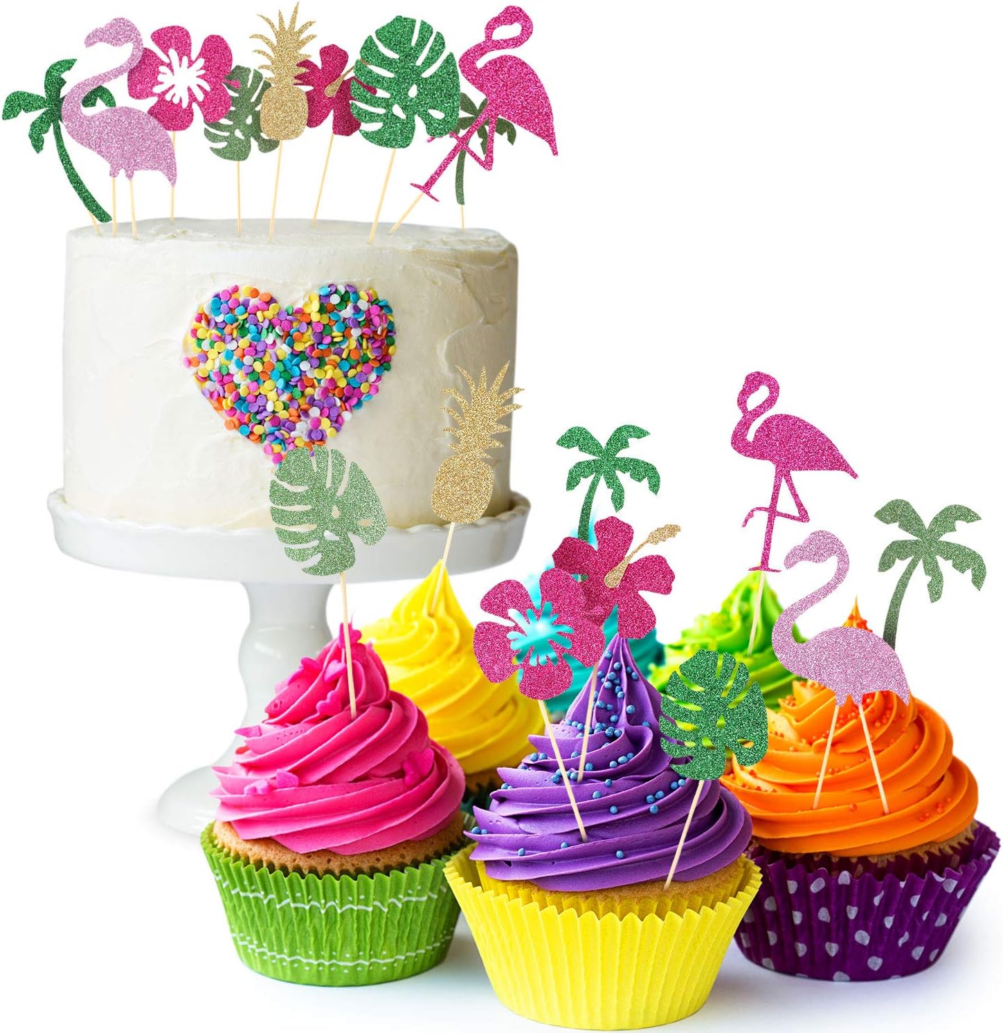 50 piezas tropicales hawaianas Luau Cupcake Toppers con purpurina Hawaii Cake Cocktail Palillo de dientes flamenco piña hibisco flores hojas de