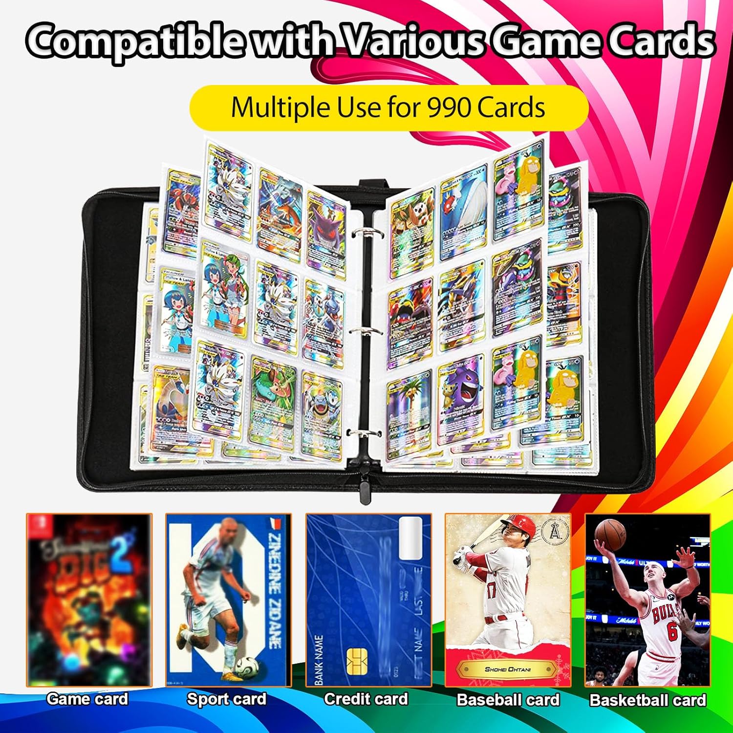 Dmoicols Carpeta de tarjetas para tarjetas intercambiables de juegos, con 990 bolsillos, 55 fundas. Estuche coleccionable para tarjetas
