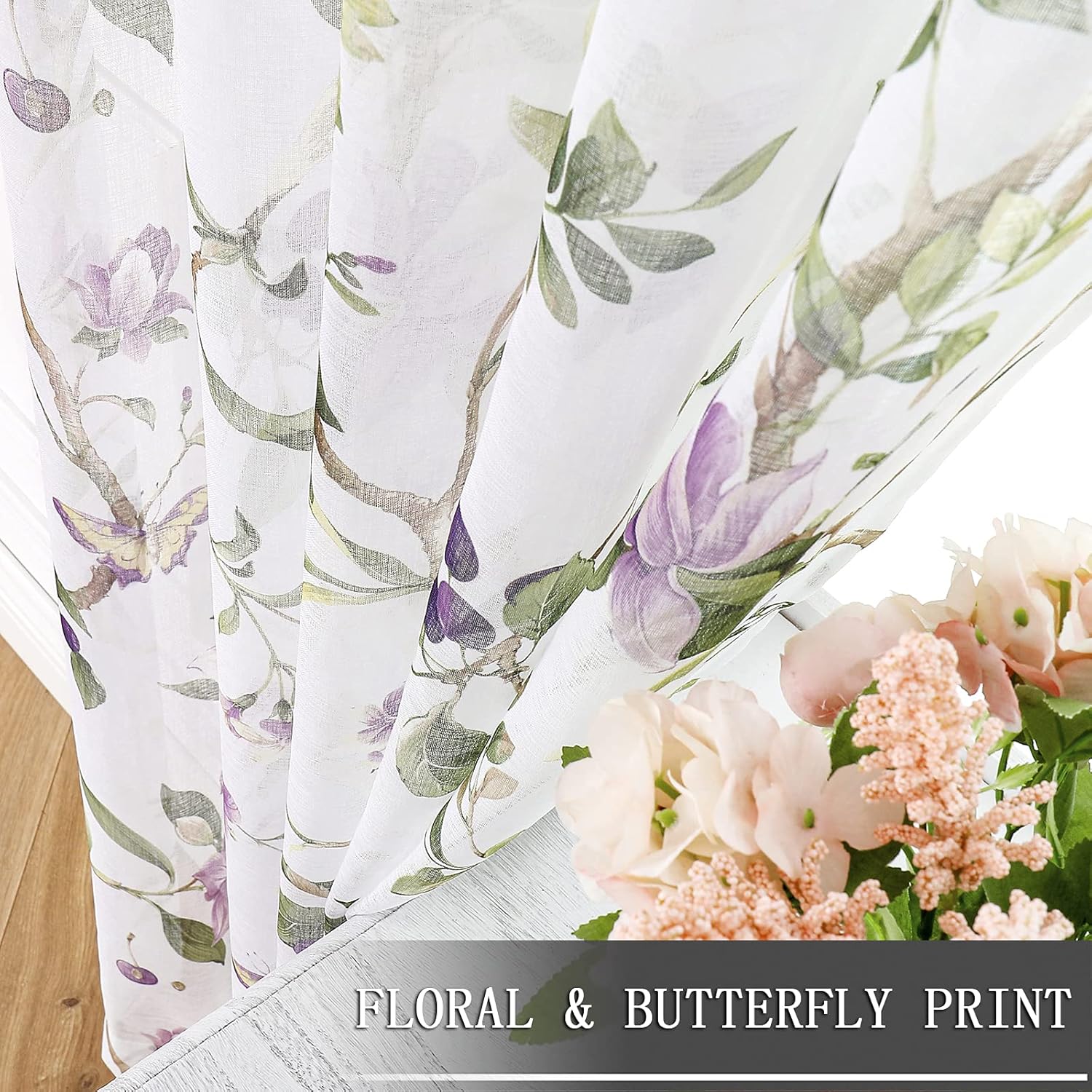 Tollpiz Cortinas traslúcidas con estampado floral de cerezo morado y mariposa, cortinas para sala de estar, cortinas con bolsillo para barra,