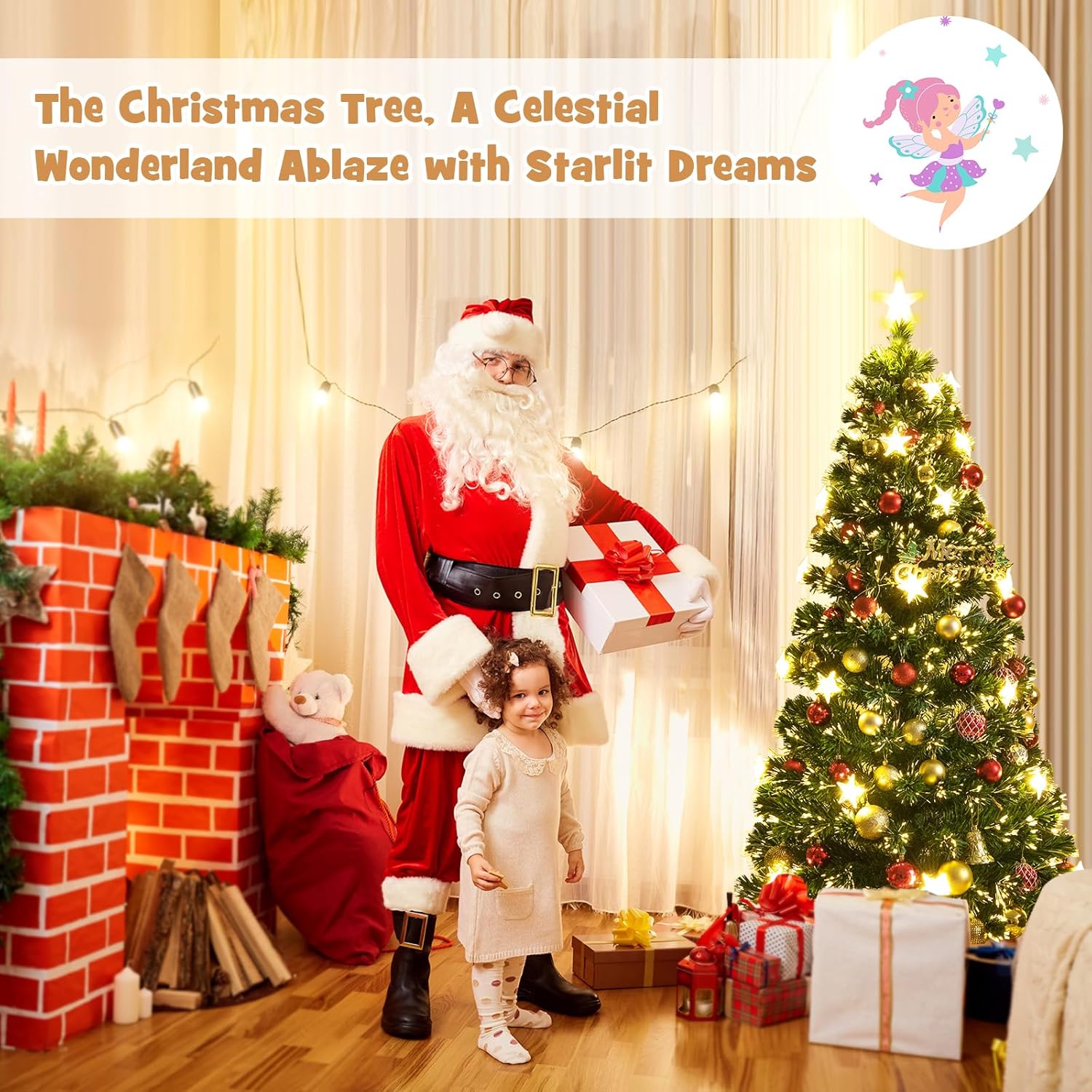HAPPYGRILL Árbol de Navidad preiluminado de 6 pies, árbol de Navidad artificial con 230 puntas de rama, 30 luces de estrella blancas cálidas, fibra
