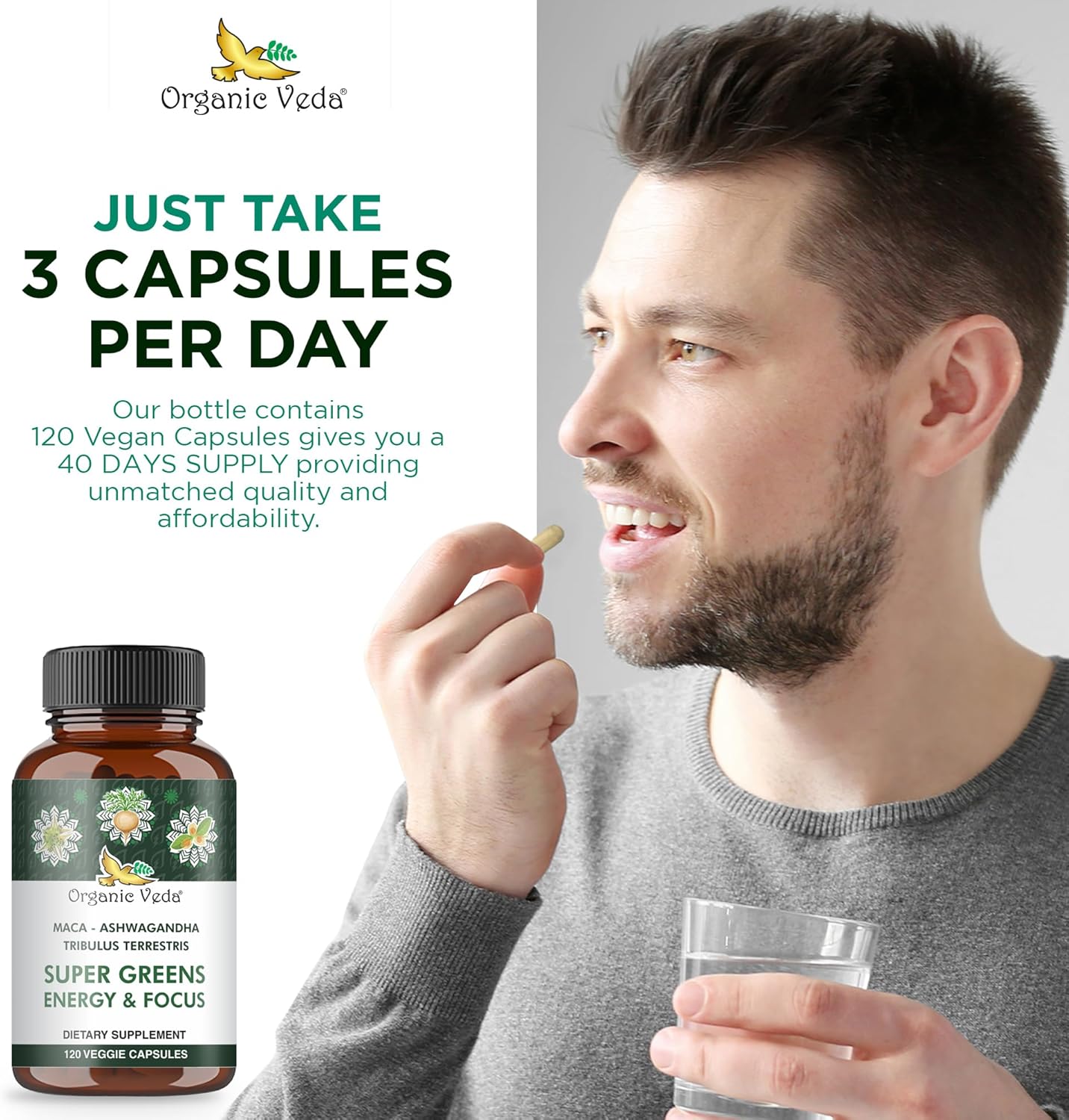 Organic Veda Ashwagandha – Cápsulas de raíz de maca para hombres  Super Greens Energy and Focus with Tribulus Terrestris, fenogreco  Potenciador de