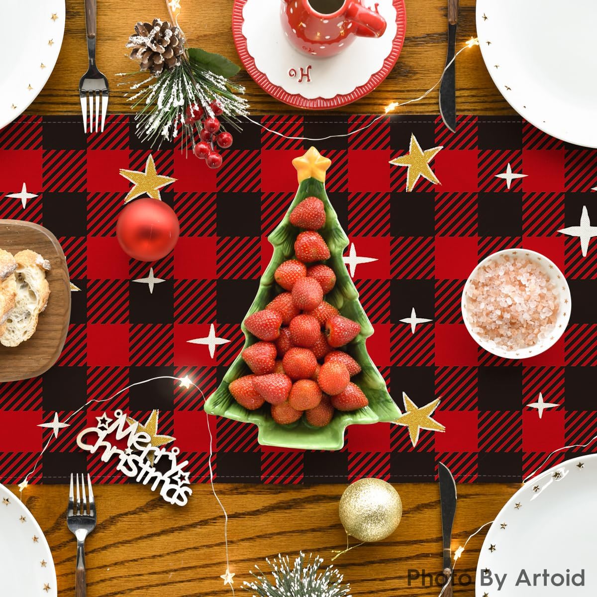 Artoid Mode Camino de mesa de Navidad de pastor Kogiya, diseño de búfalo a cuadros, decoración de mesa de comedor para decoración de fiesta del